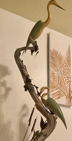Tall Driftwood Freestanding Sculpture with Metal Leaves and Carved Wood Birds