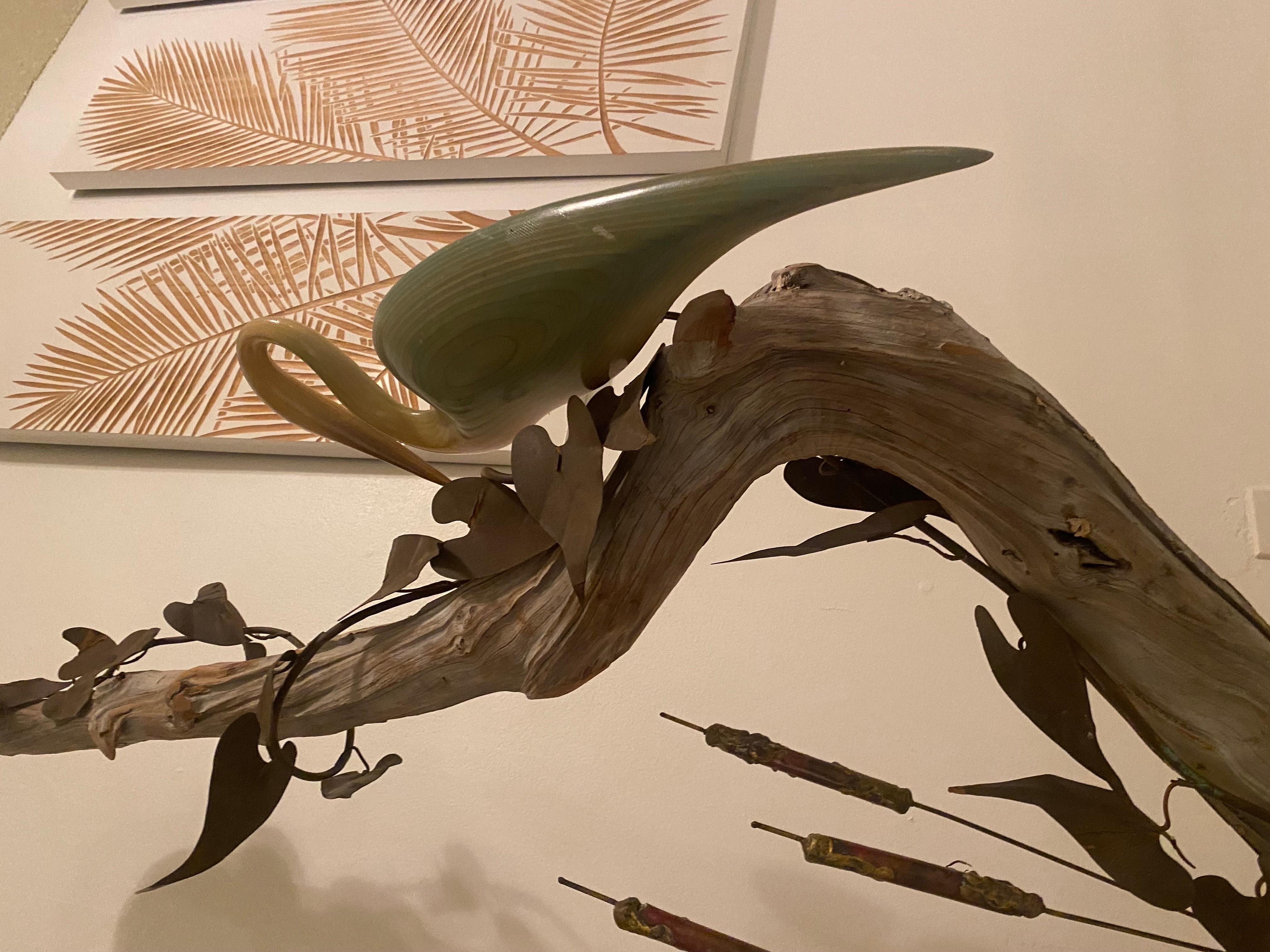 Tall Driftwood Freestanding Sculpture with Metal Leaves and Carved Wood Birds For Sale 12