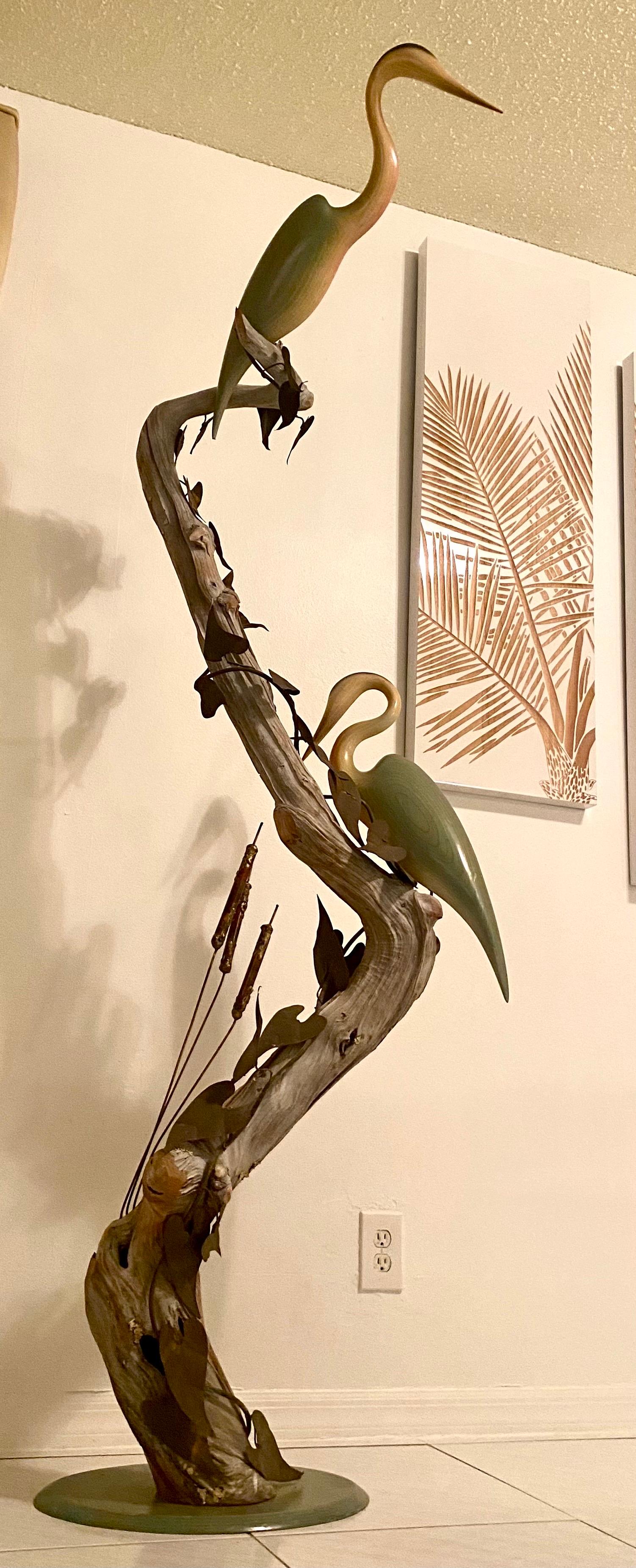 Mid-Century Modern Tall Driftwood Freestanding Sculpture with Metal Leaves and Carved Wood Birds For Sale