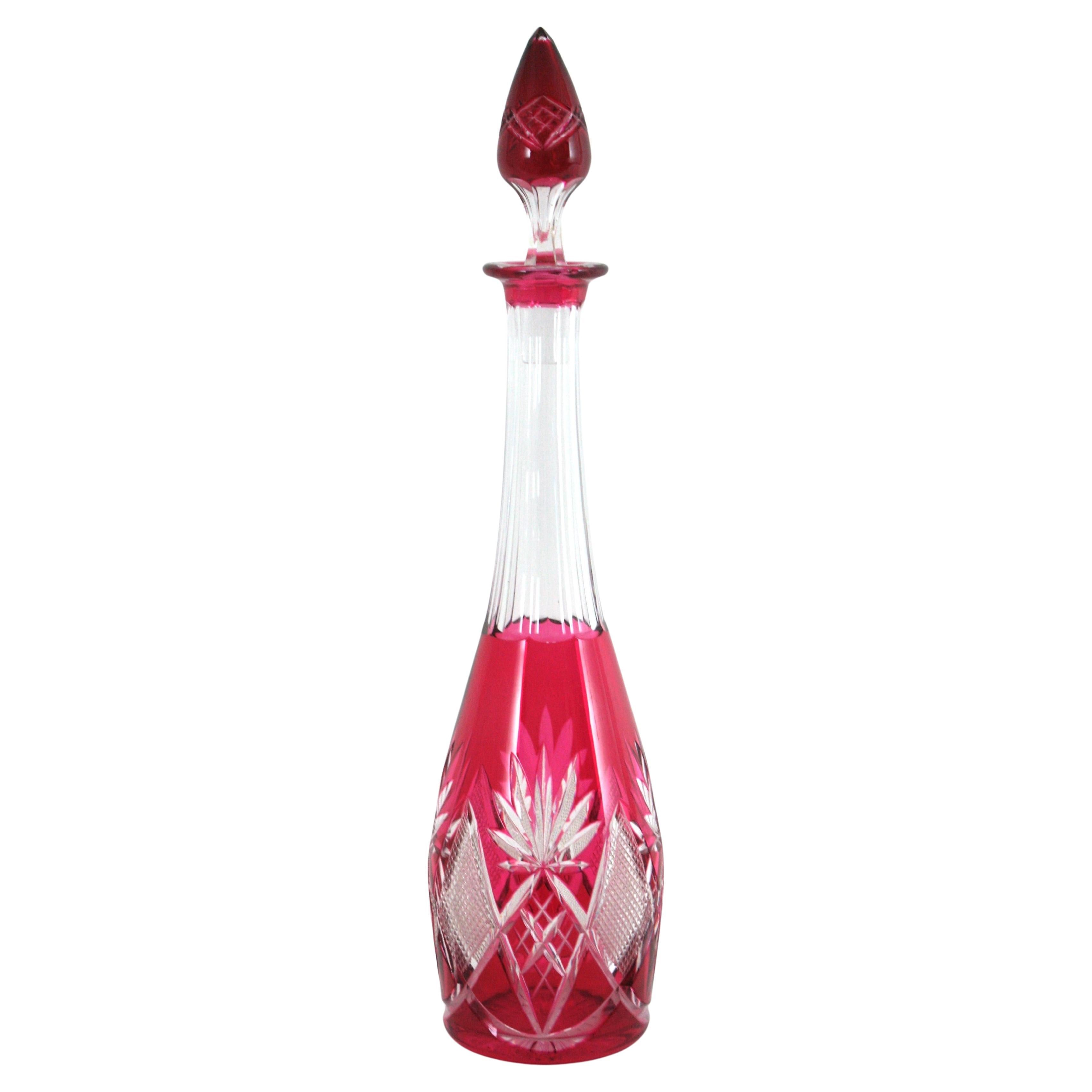 Decanter alto per liquori in cristallo rosa e trasparente