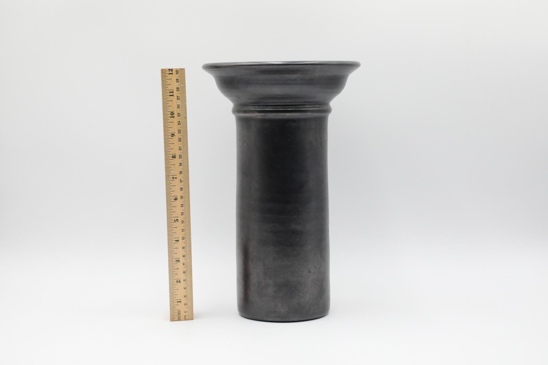 Mid-Century Modern Tall Dutch Black Metallic Glazed Ceramic Vase with Wide Neck and Lip For Sale