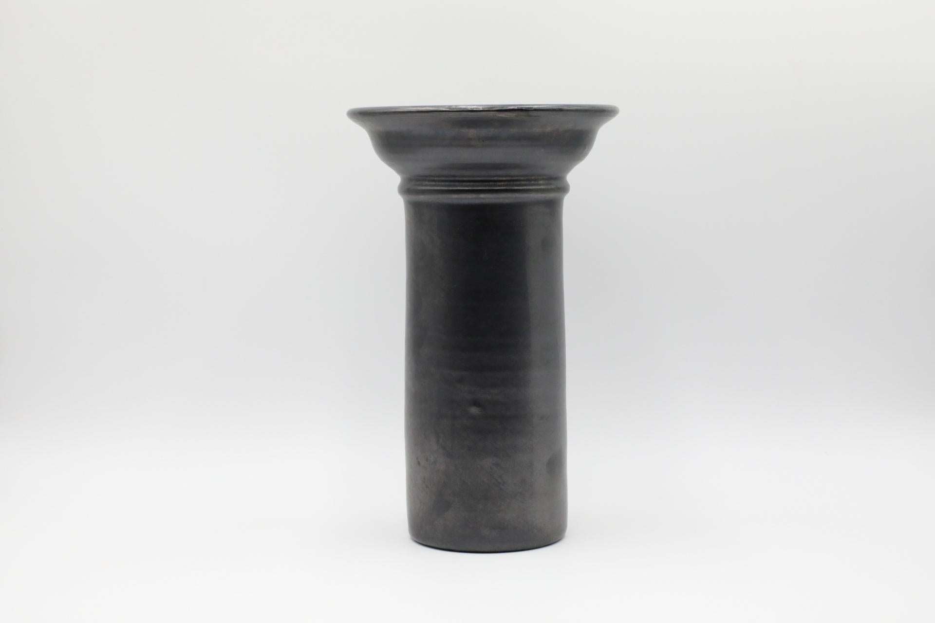 Tall Dutch Black Metallic Glazed Ceramic Vase with Wide Neck and Lip For Sale 1