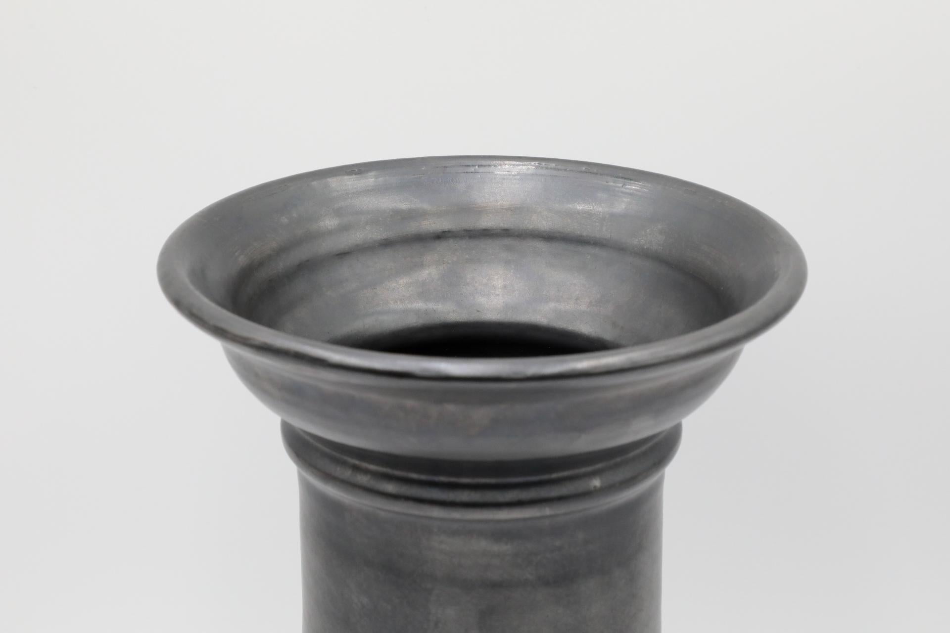 Tall Dutch Black Metallic Glazed Ceramic Vase with Wide Neck and Lip For Sale 3