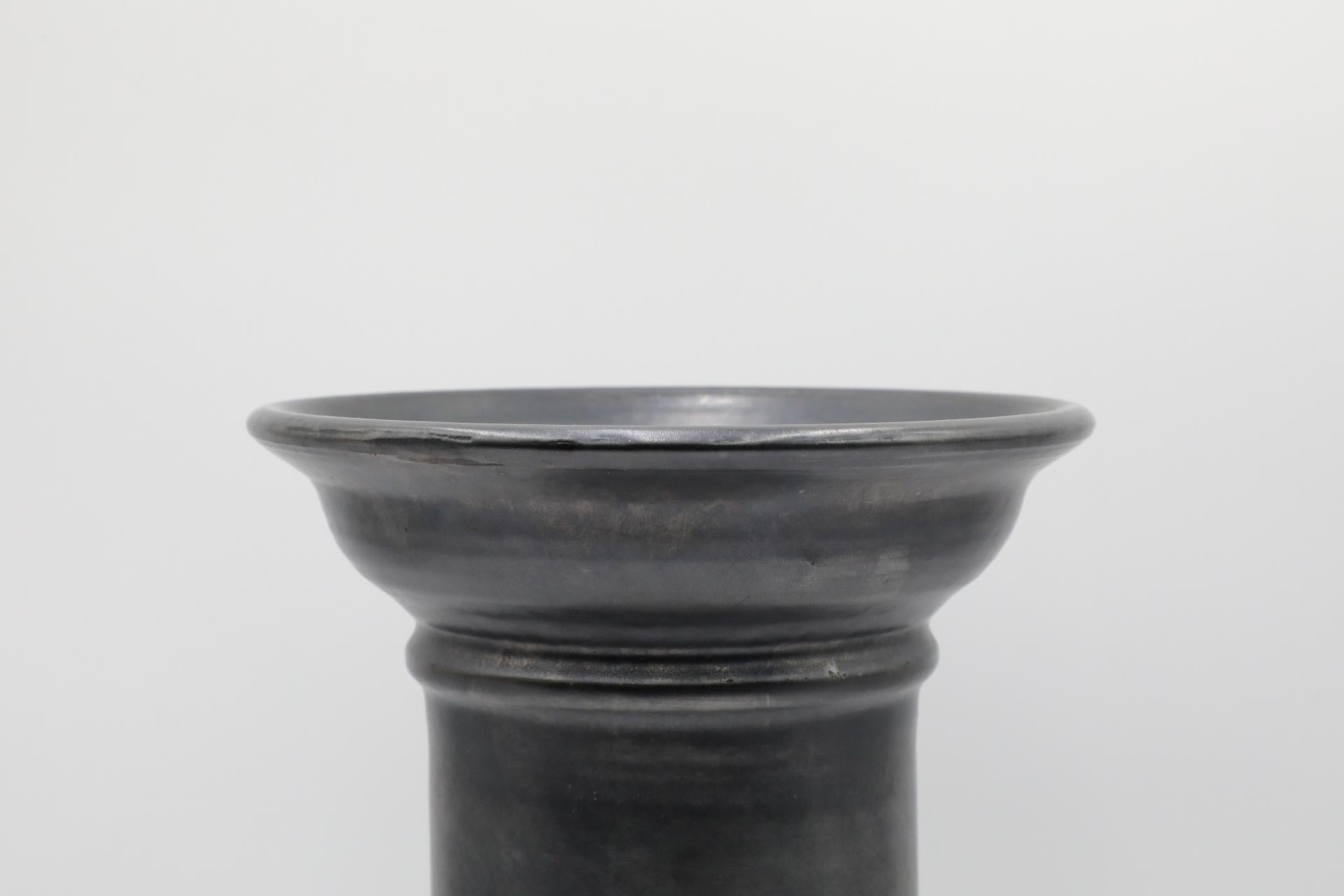Tall Dutch Black Metallic Glazed Ceramic Vase with Wide Neck and Lip For Sale 4