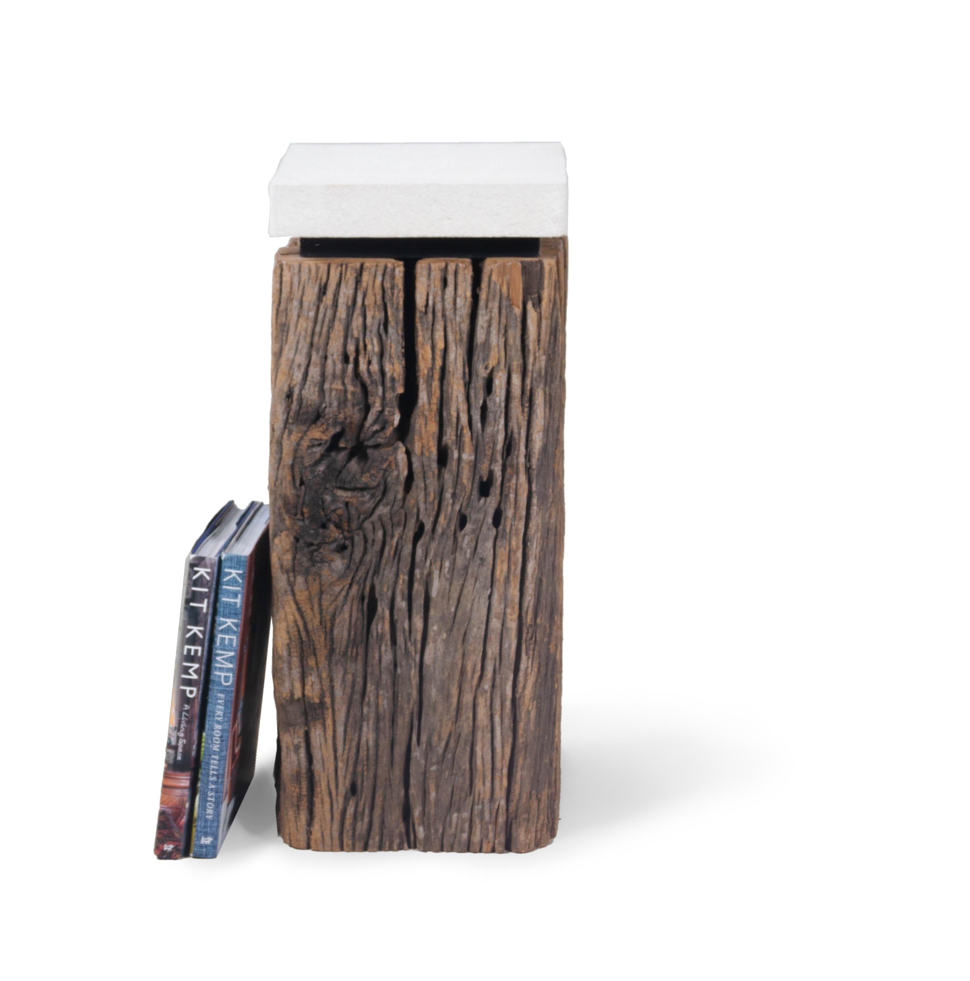 This end table is made from a mildly weathered canal posts that features beautiful fissures that add organic texture and interest to any room. The wood features a rich walnut tone that marries perfectly with warm and cool color palettes. This walnut
