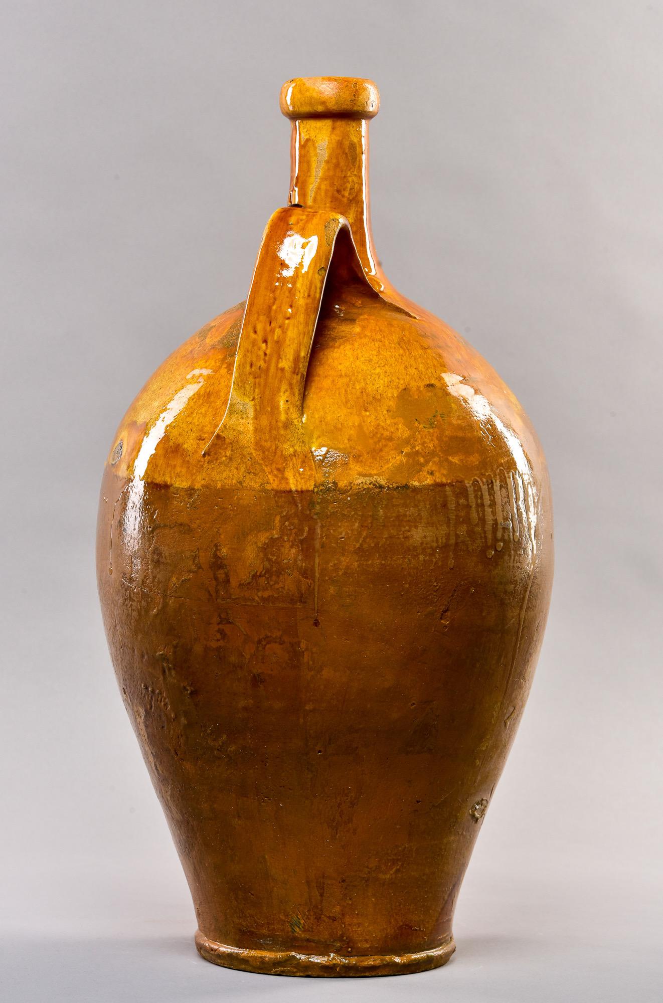 French Tall Early 20th C Confit Jar with Handles and Narrow Neck