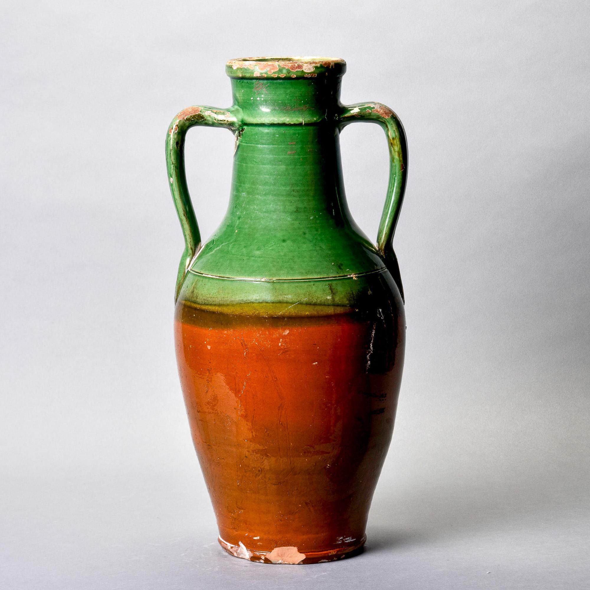 Tall Early 20th C French Green Handled Ceramic Vessel For Sale 4