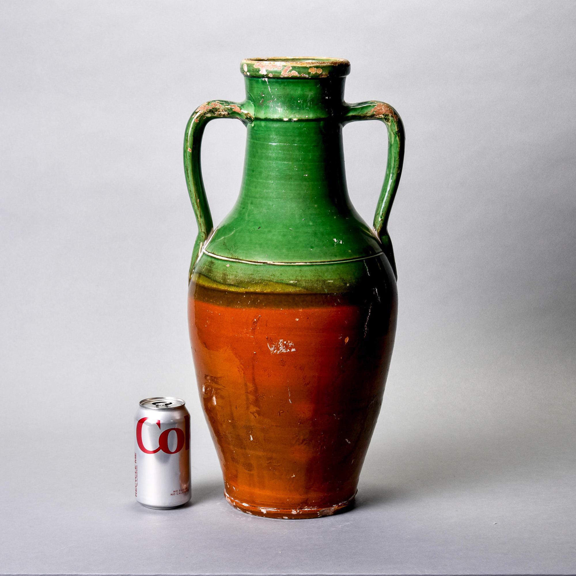 French Provincial Tall Early 20th C French Green Handled Ceramic Vessel For Sale