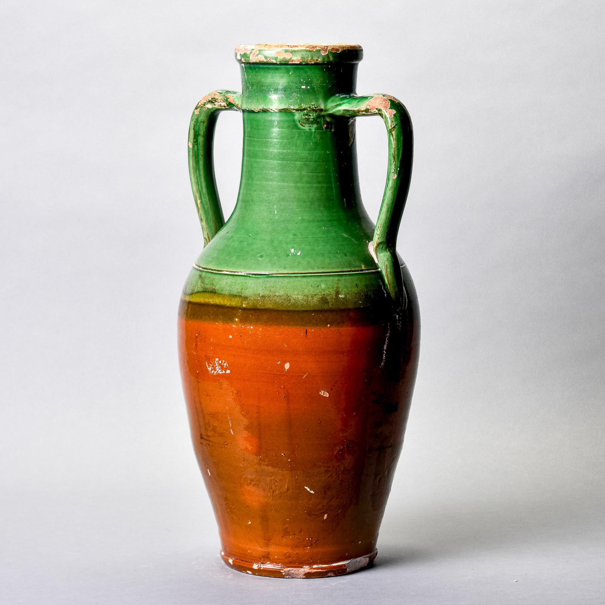 Glazed Tall Early 20th C French Green Handled Ceramic Vessel For Sale