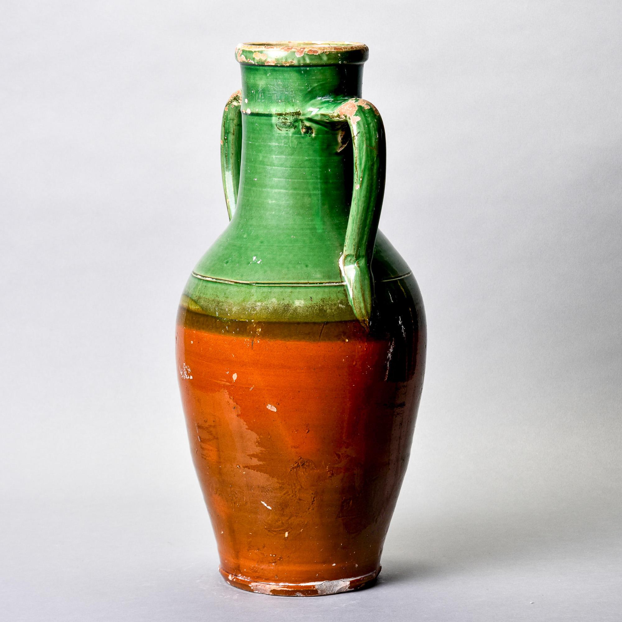 Tall Early 20th C French Green Handled Ceramic Vessel In Good Condition For Sale In Troy, MI