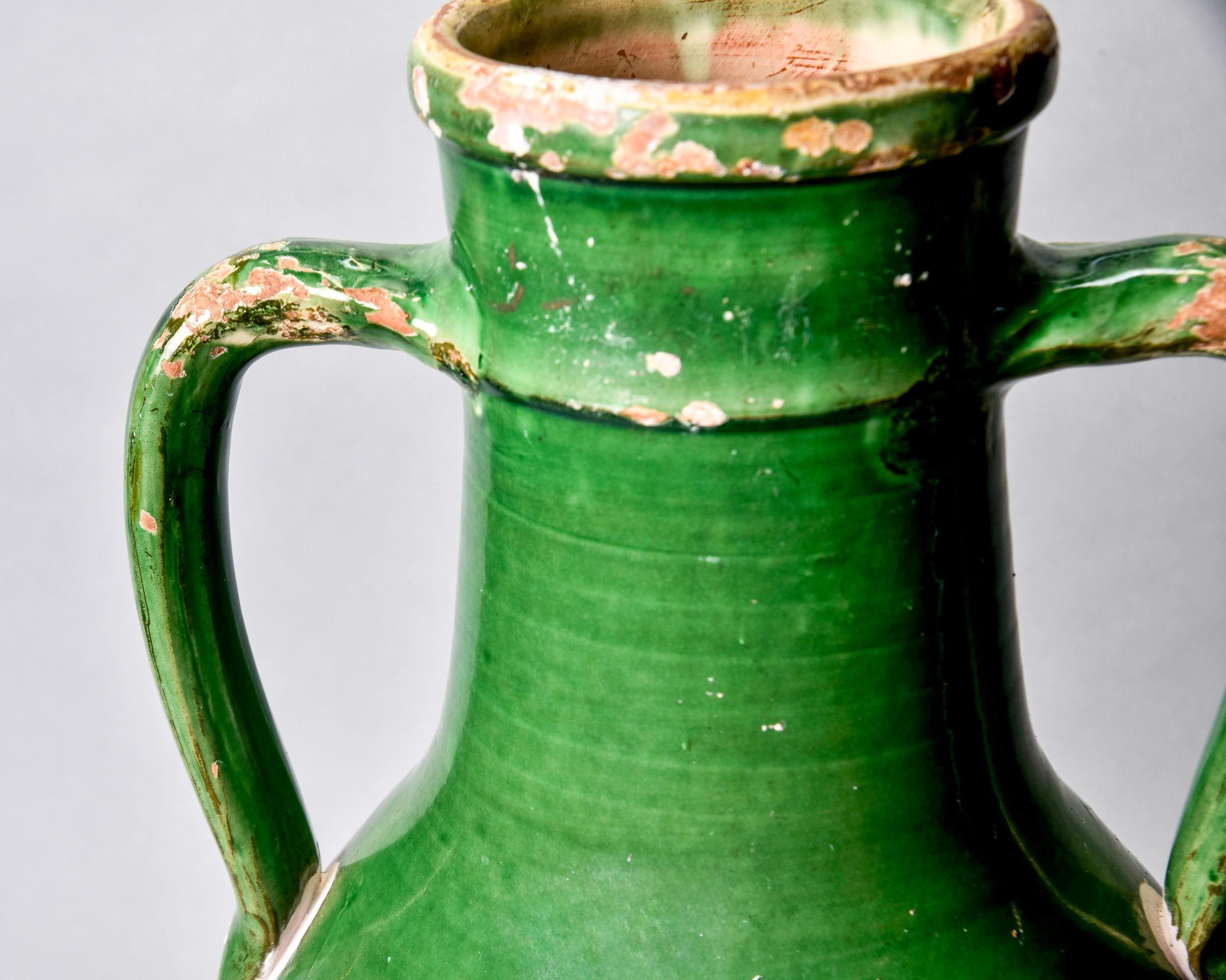 Tall Early 20th C French Green Handled Ceramic Vessel For Sale 1