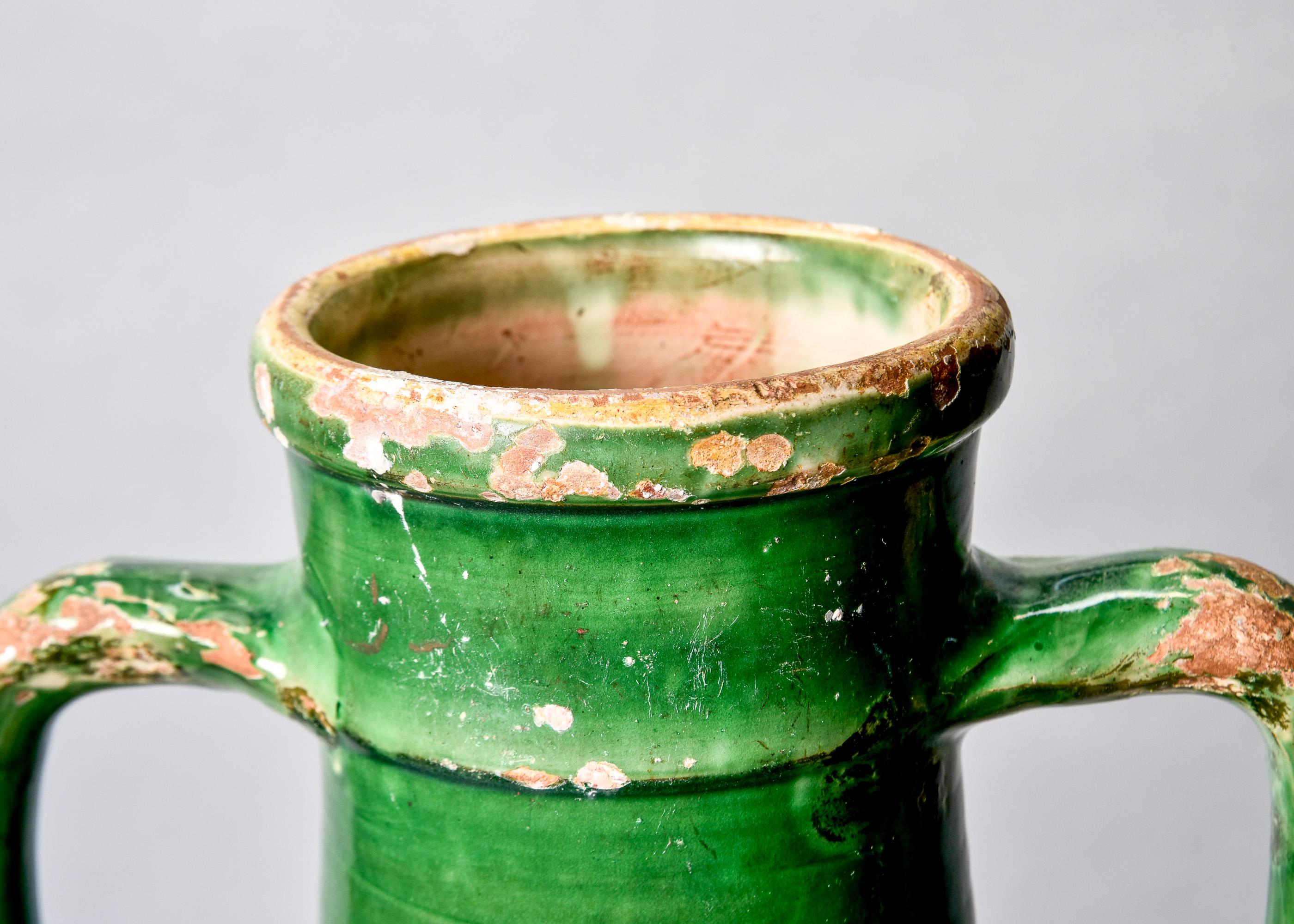 Tall Early 20th C French Green Handled Ceramic Vessel For Sale 2