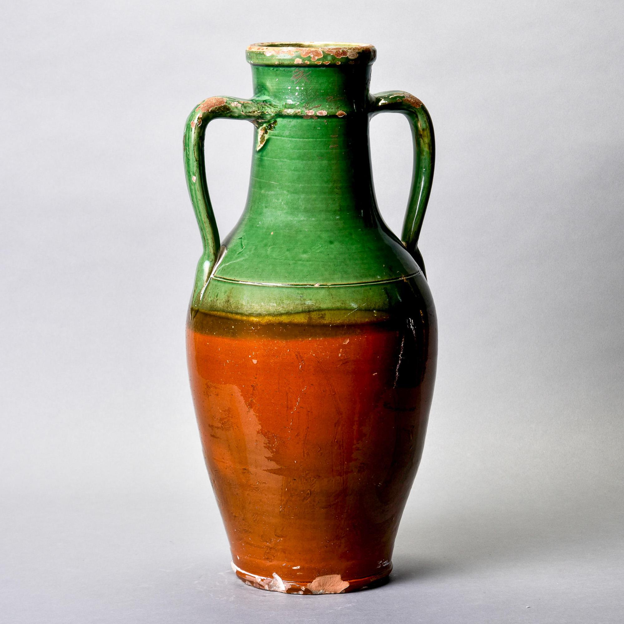 Tall Early 20th C French Green Handled Ceramic Vessel For Sale 3