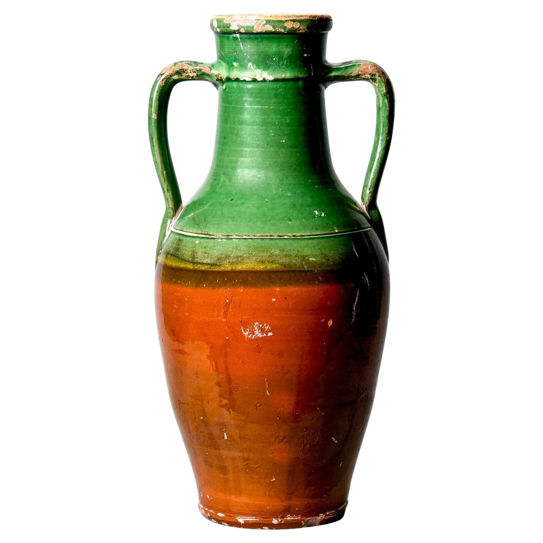 Tall Early 20th C French Green Handled Ceramic Vessel For Sale