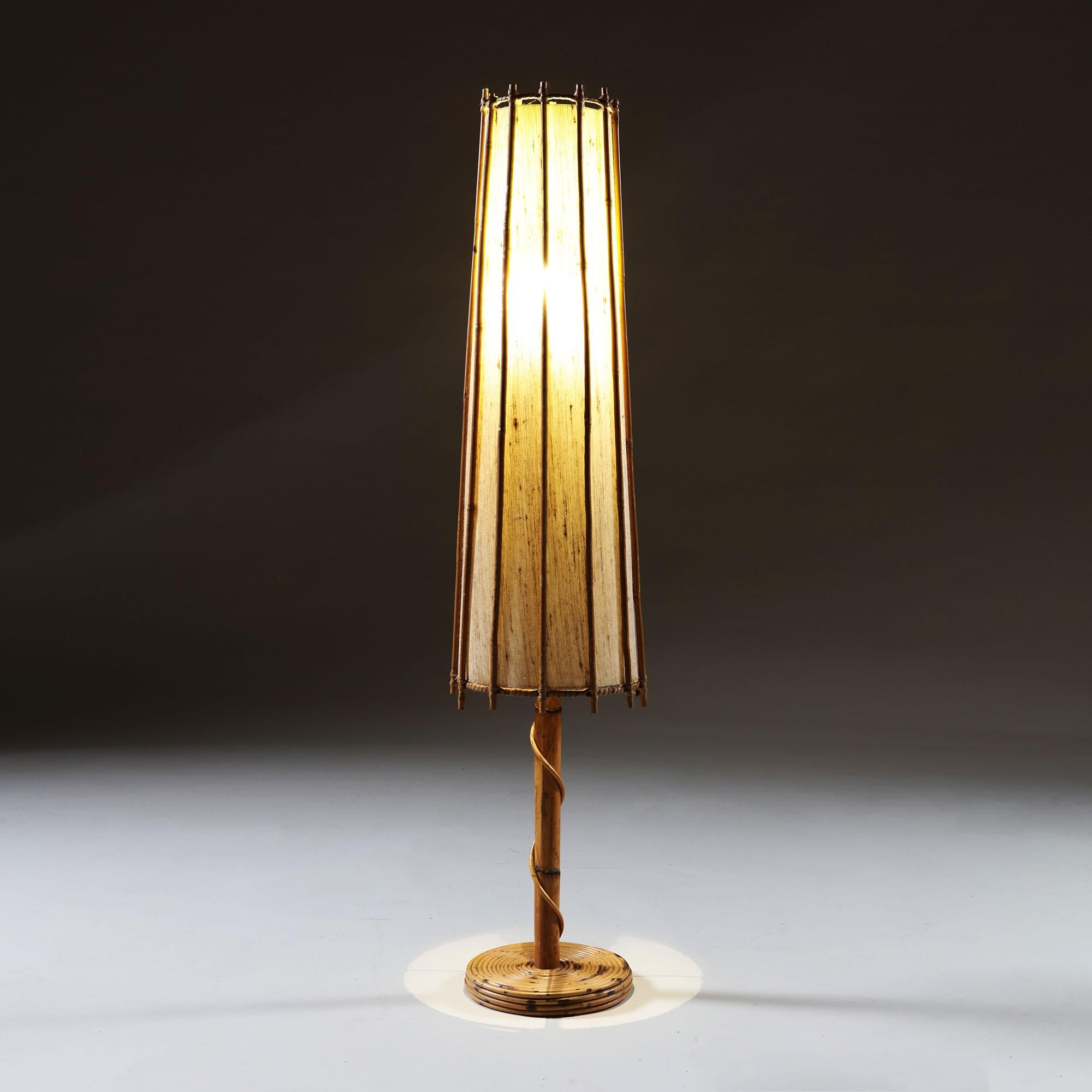 Tall Early 20th Century French Bamboo Table Lamp with Conical Shade 1