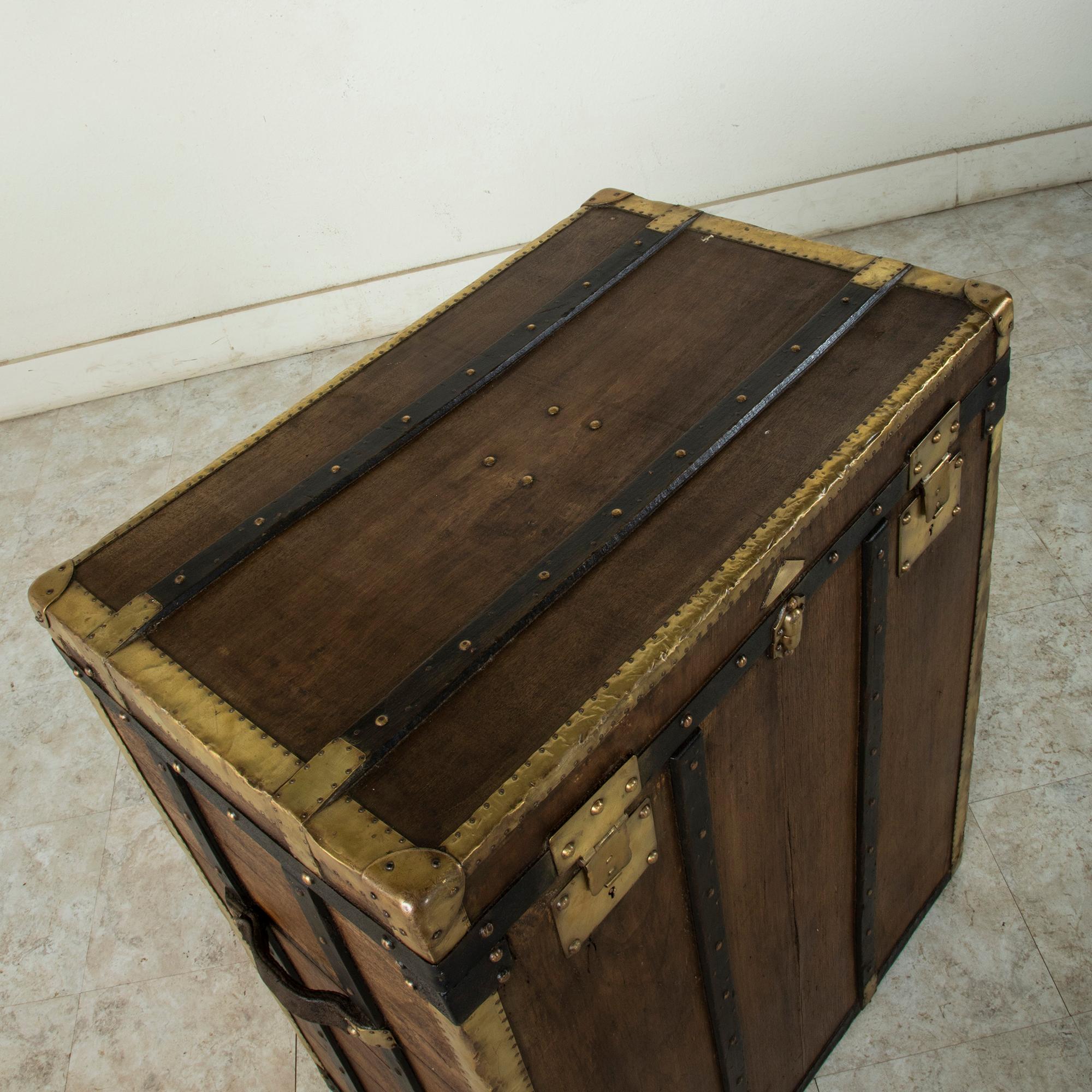Brass Tall Early 20th Century French Beech Wood Steamer Trunk by Malard, E&M in Paris