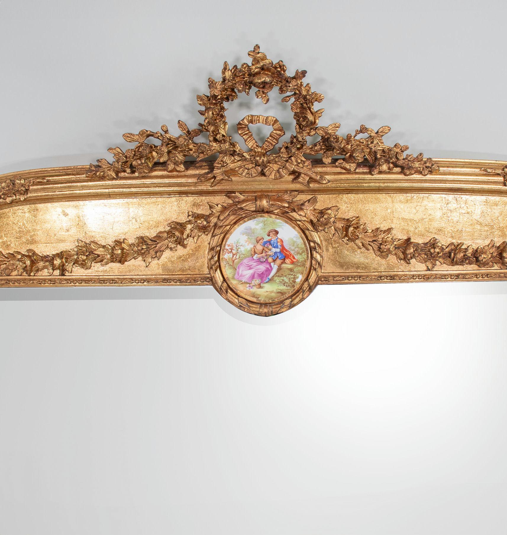 Tall Early 20th Century French Giltwood Mirror with Porcelain Plaque For Sale 5