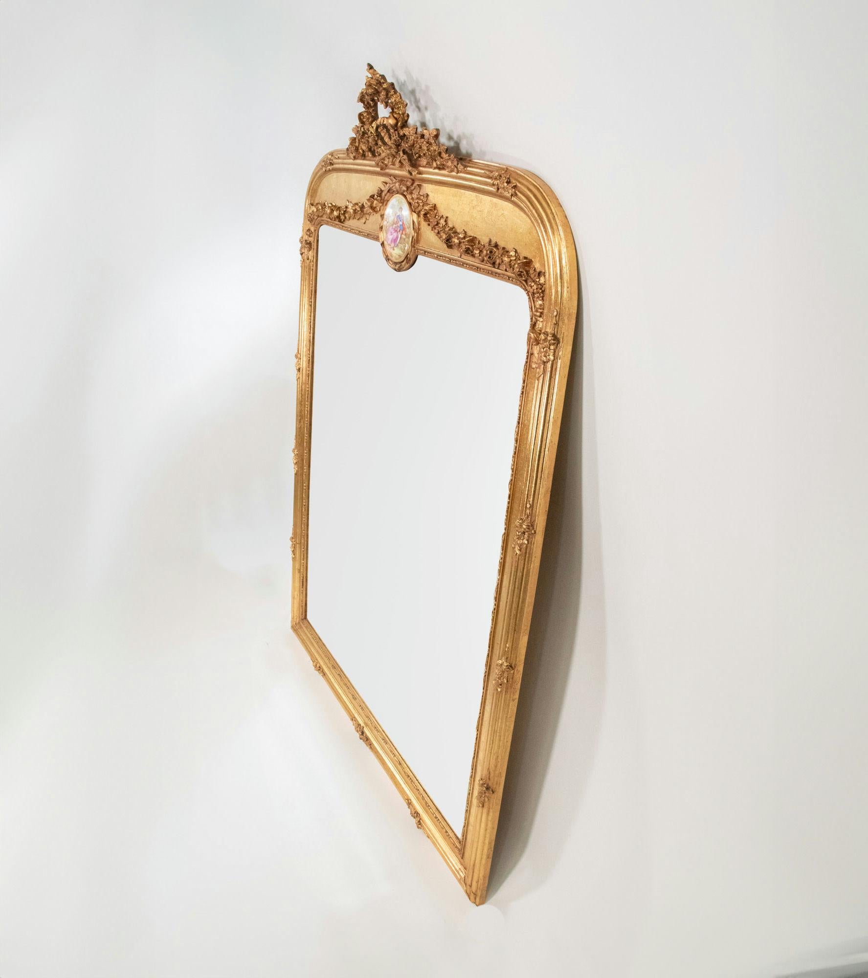 Louis XVI Tall Early 20th Century French Giltwood Mirror with Porcelain Plaque For Sale