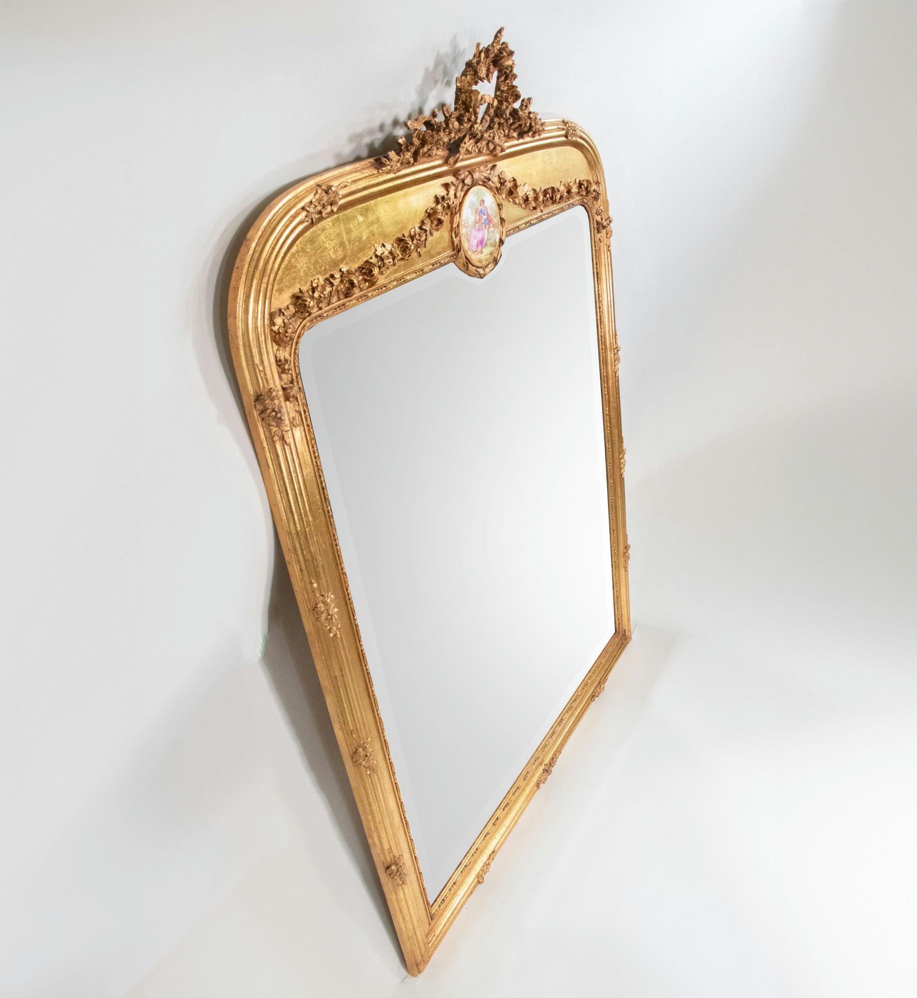 Hand-Crafted Tall Early 20th Century French Giltwood Mirror with Porcelain Plaque For Sale