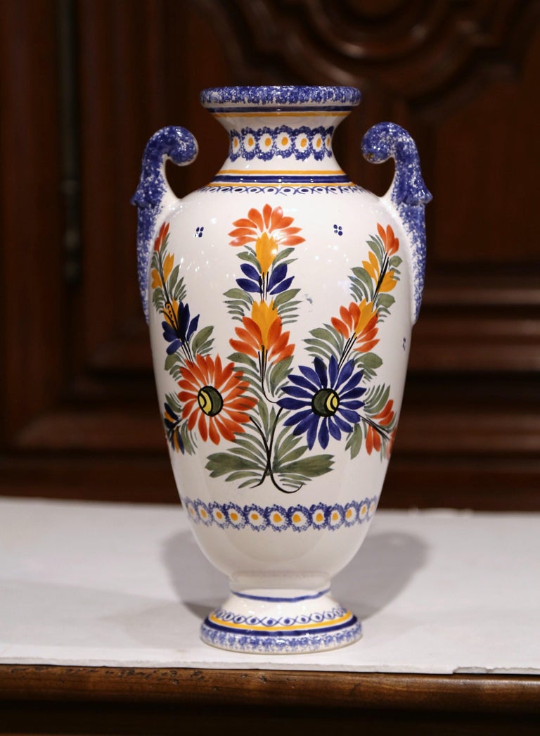 Early 20th Century French Hand Painted Faience Vase Signed Henriot