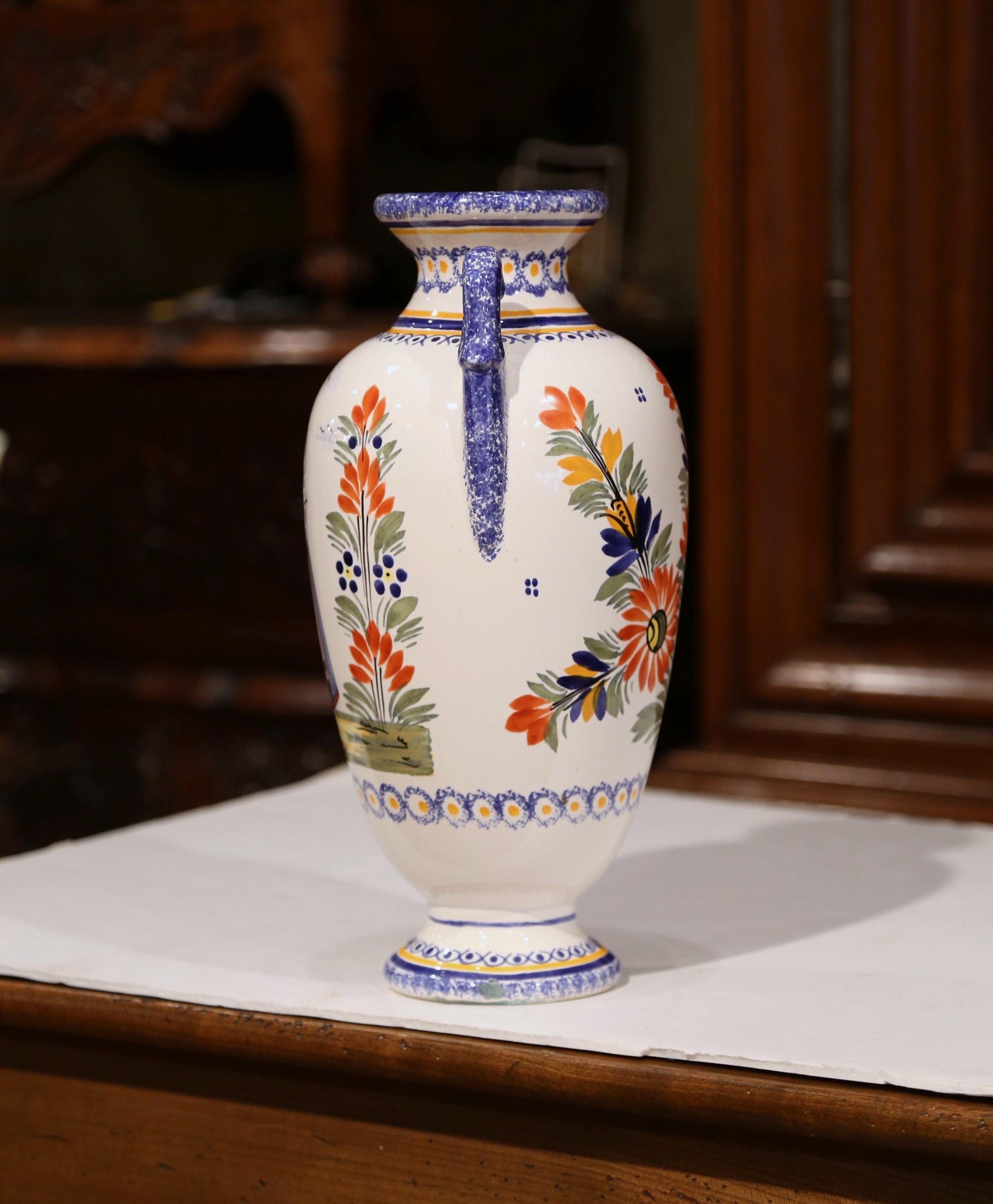 Early 20th Century French Hand Painted Faience Vase Signed Henriot Quimper In Excellent Condition In Dallas, TX