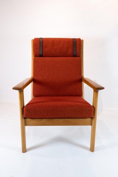 High Armchair Made In Oak & Red Wool By Hans J. Wegner For Getama From 1960s