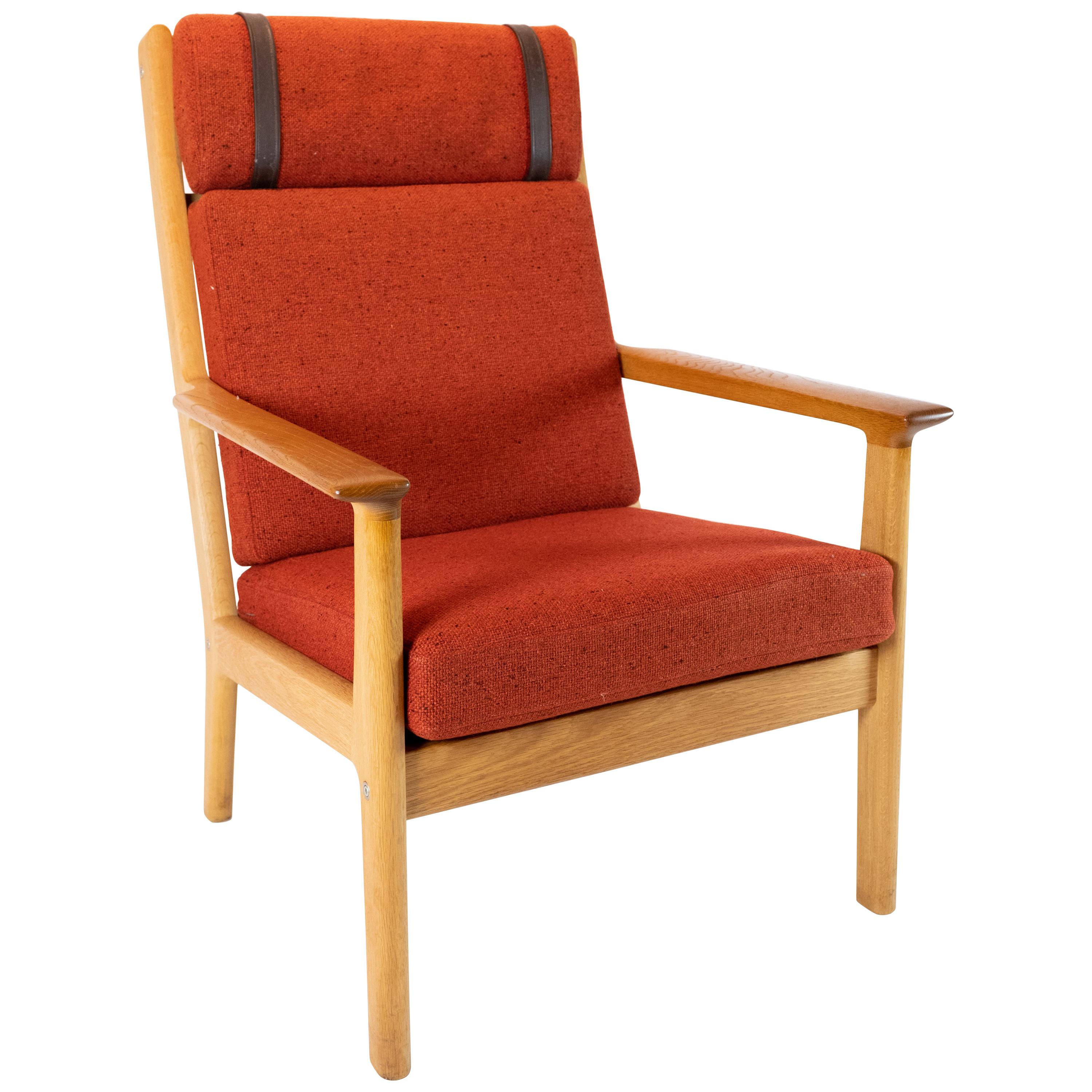 Tall Easy Chair in Oak and Red Wool Fabric by Hans J. Wegner and GETAMA For Sale