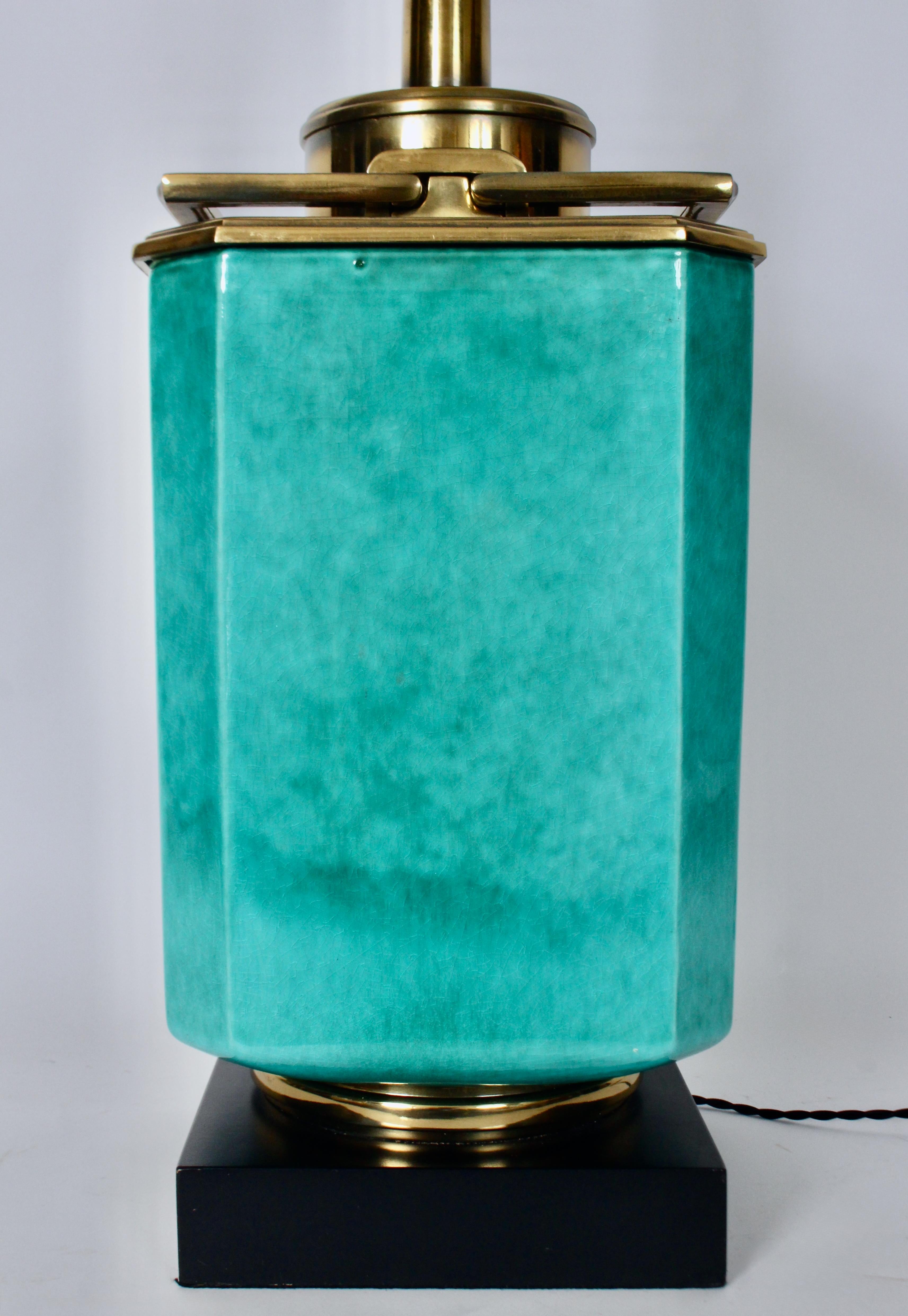 Edwin Cole für Stiffel Tischlampe aus Aqua-Keramik und Messing mit Glasschirm im Angebot 6