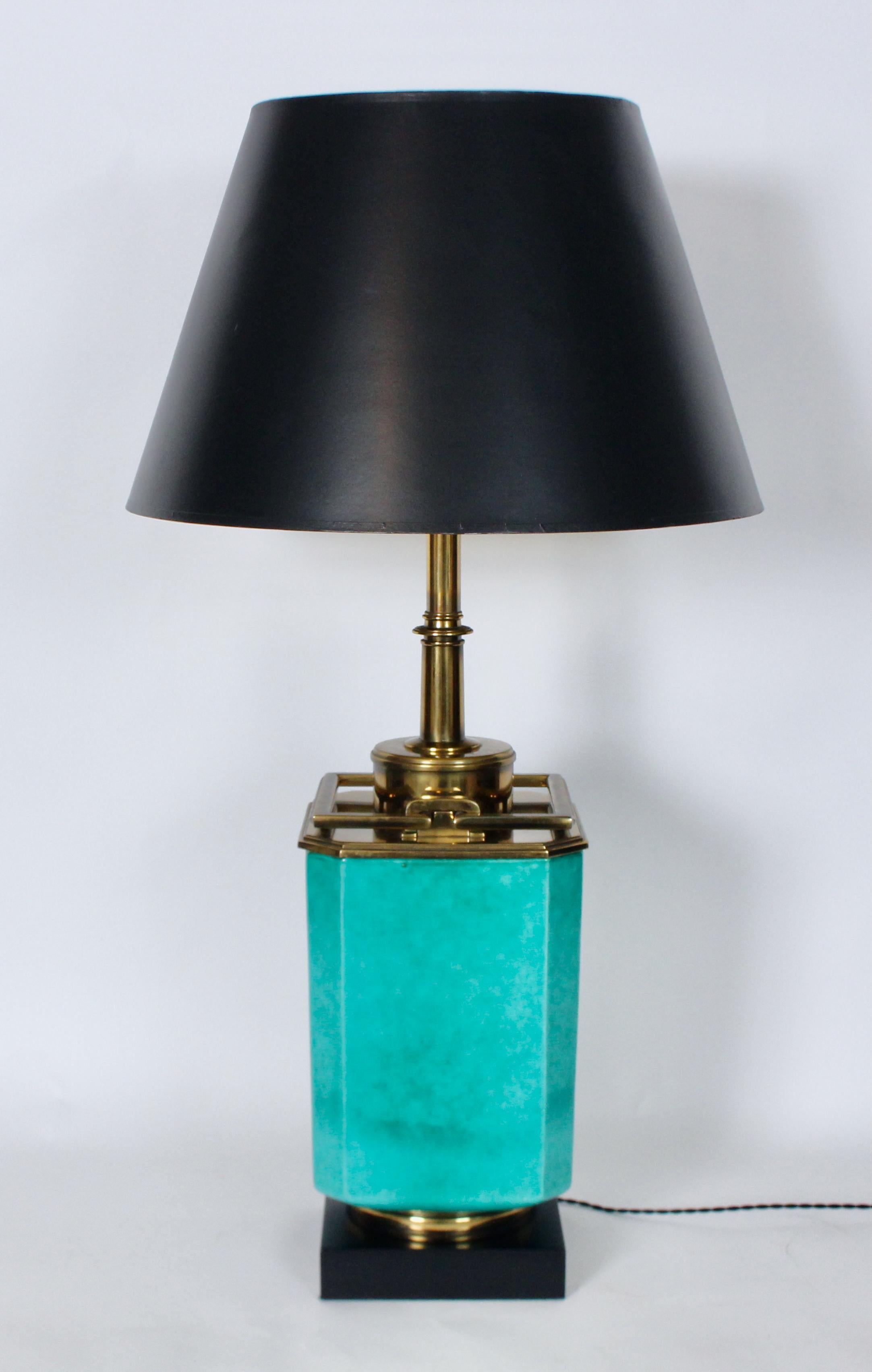 Edwin Cole für Stiffel Tischlampe aus Aqua-Keramik und Messing mit Glasschirm im Angebot 13