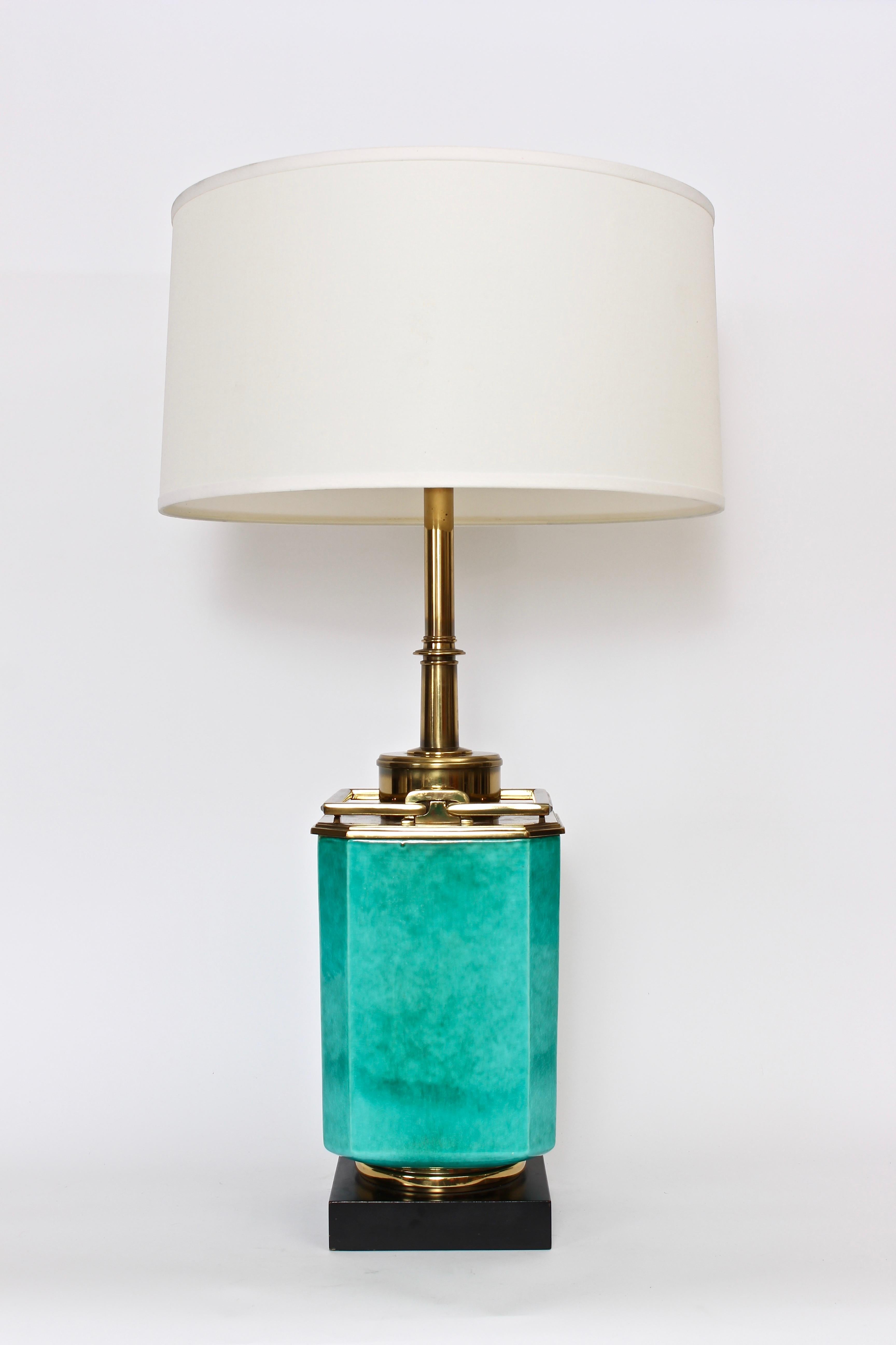 Hollywood Regency Tall Edwin Cole for Stiffel Aqua Ceramic & Brass Table Lamp with Glass Shade