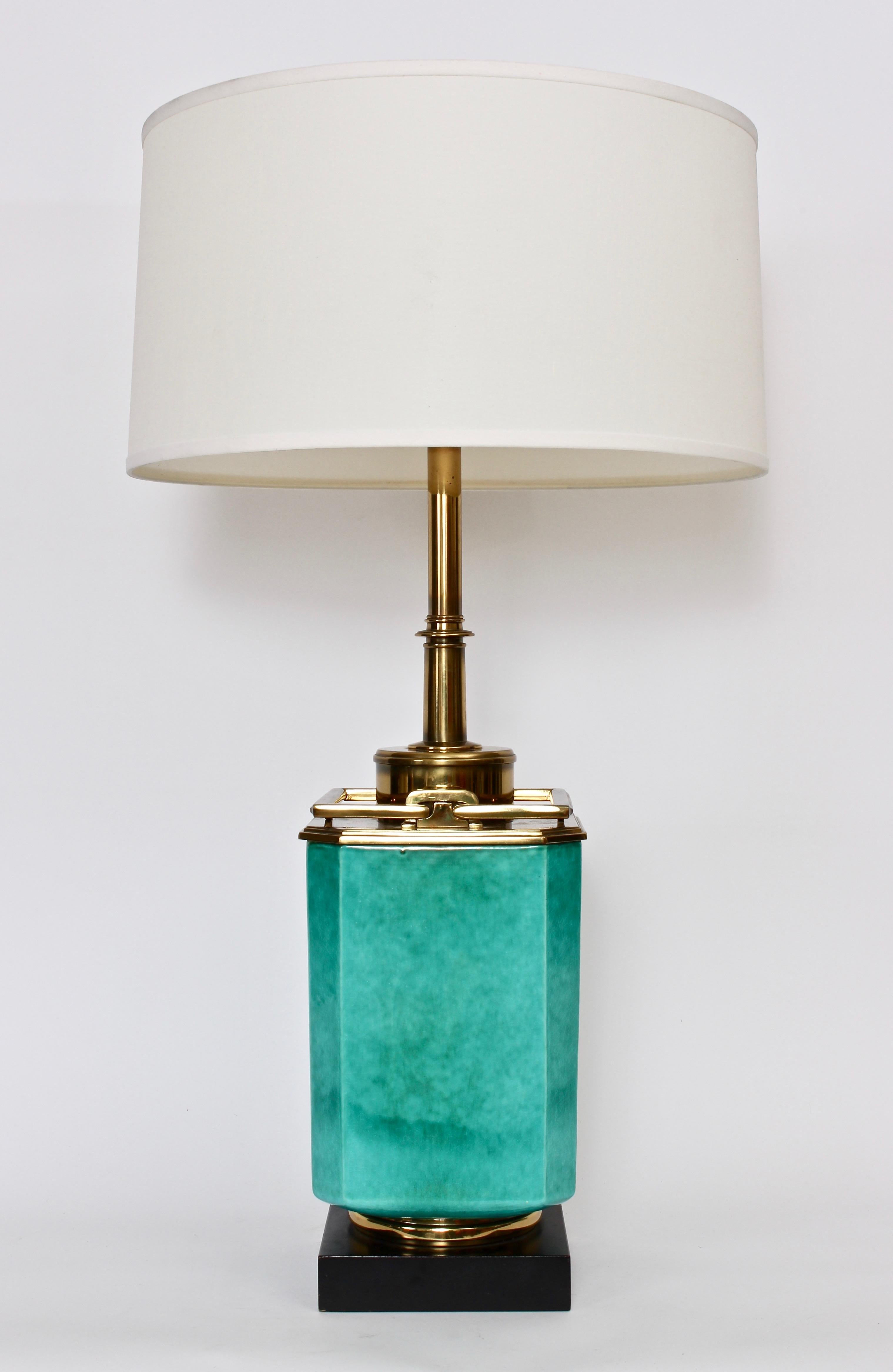 Tall Edwin Cole for Stiffel Aqua Ceramic & Brass Table Lamp with Glass Shade 1