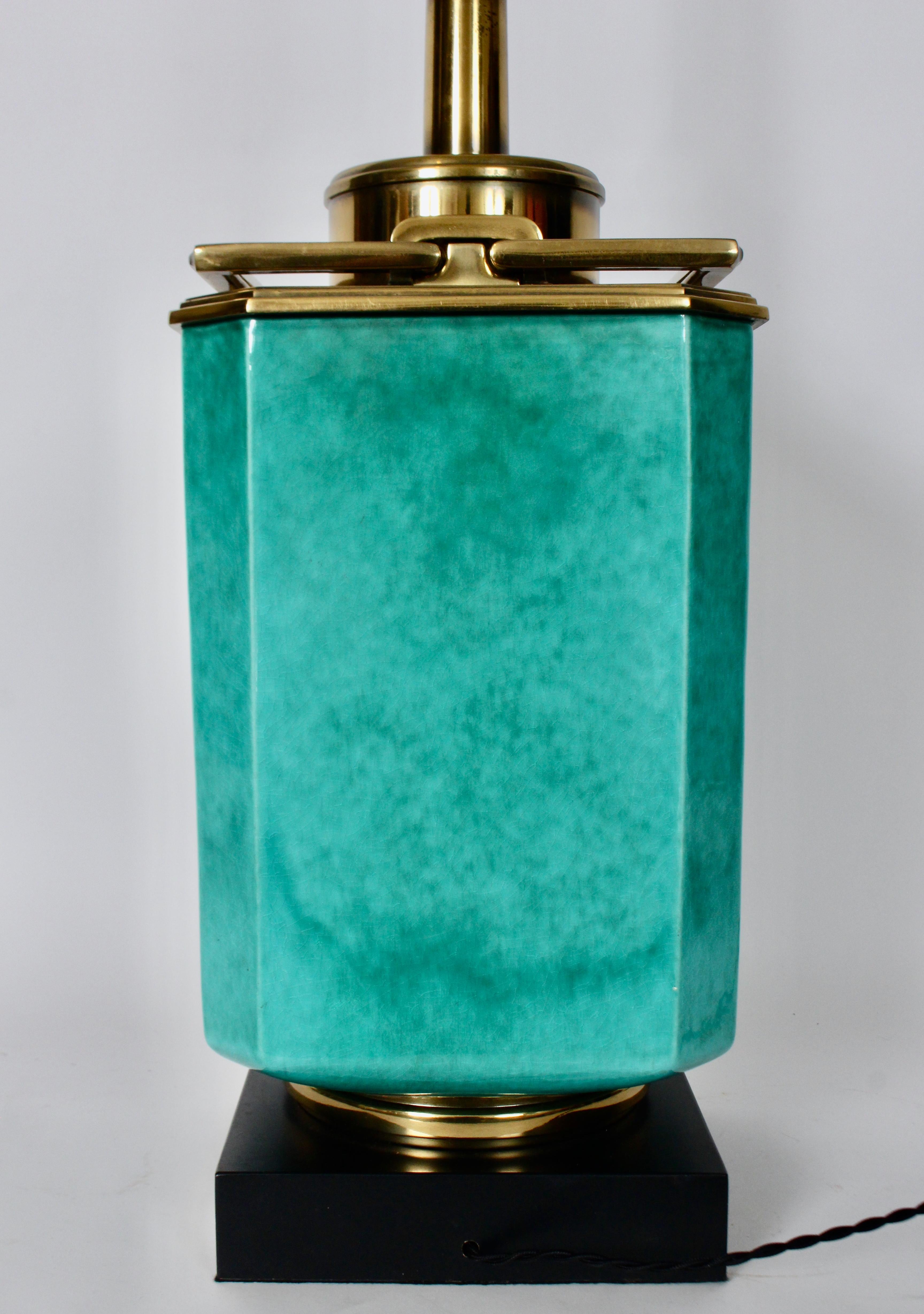 Edwin Cole für Stiffel Tischlampe aus Aqua-Keramik und Messing mit Glasschirm im Angebot 7