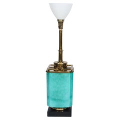 Tall Edwin Cole for Stiffel Aqua Ceramic & Brass Table Lamp with Glass Shade Tall Edwin Cole for Stiffel Aqua Ceramic & Brass Table Lamp with Glass Shade