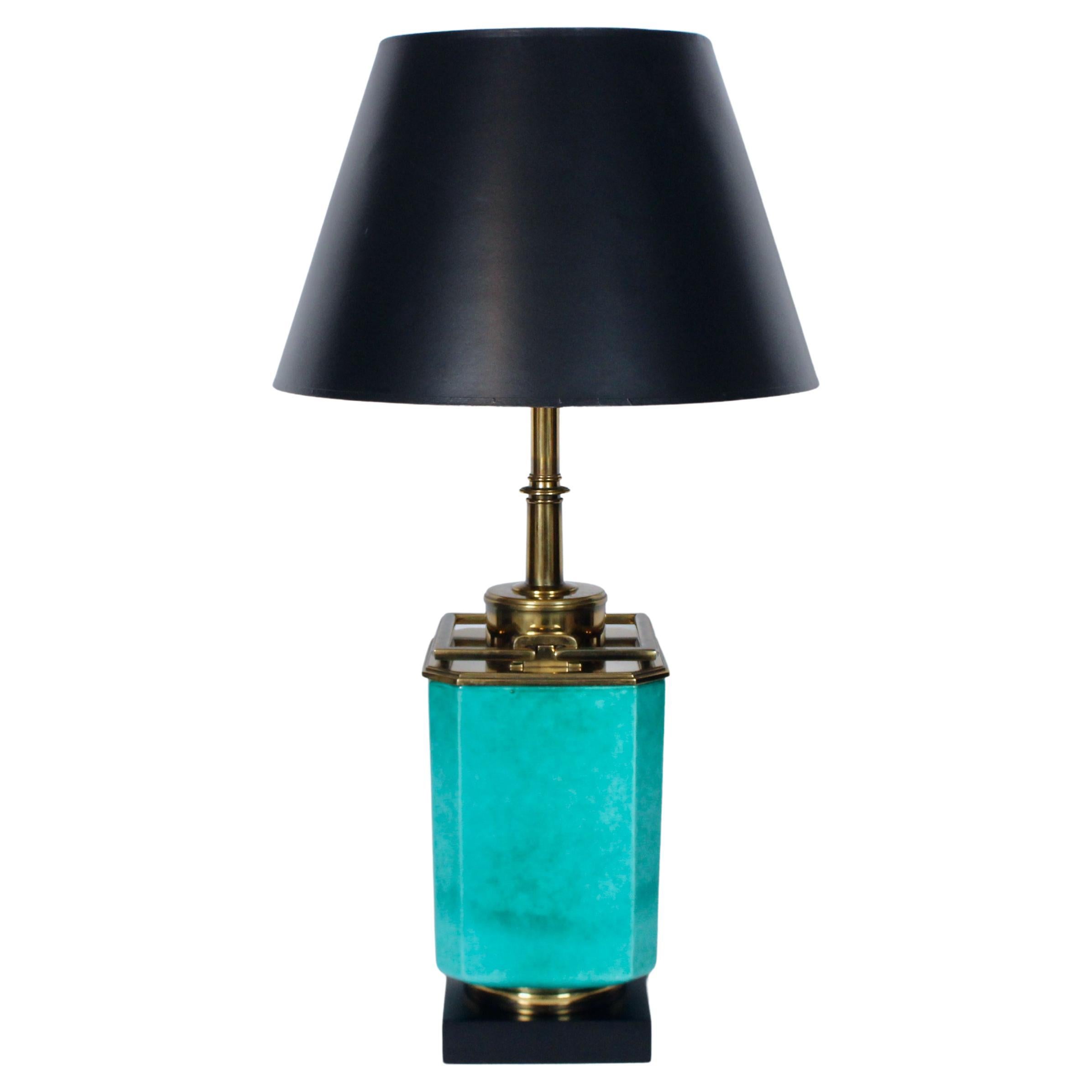 Tall Edwin Cole for Stiffel Aqua Ceramic & Brass Table Lamp with Glass Shade