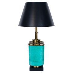 Tall Edwin Cole for Stiffel Aqua Ceramic & Brass Table Lamp with Glass Shade