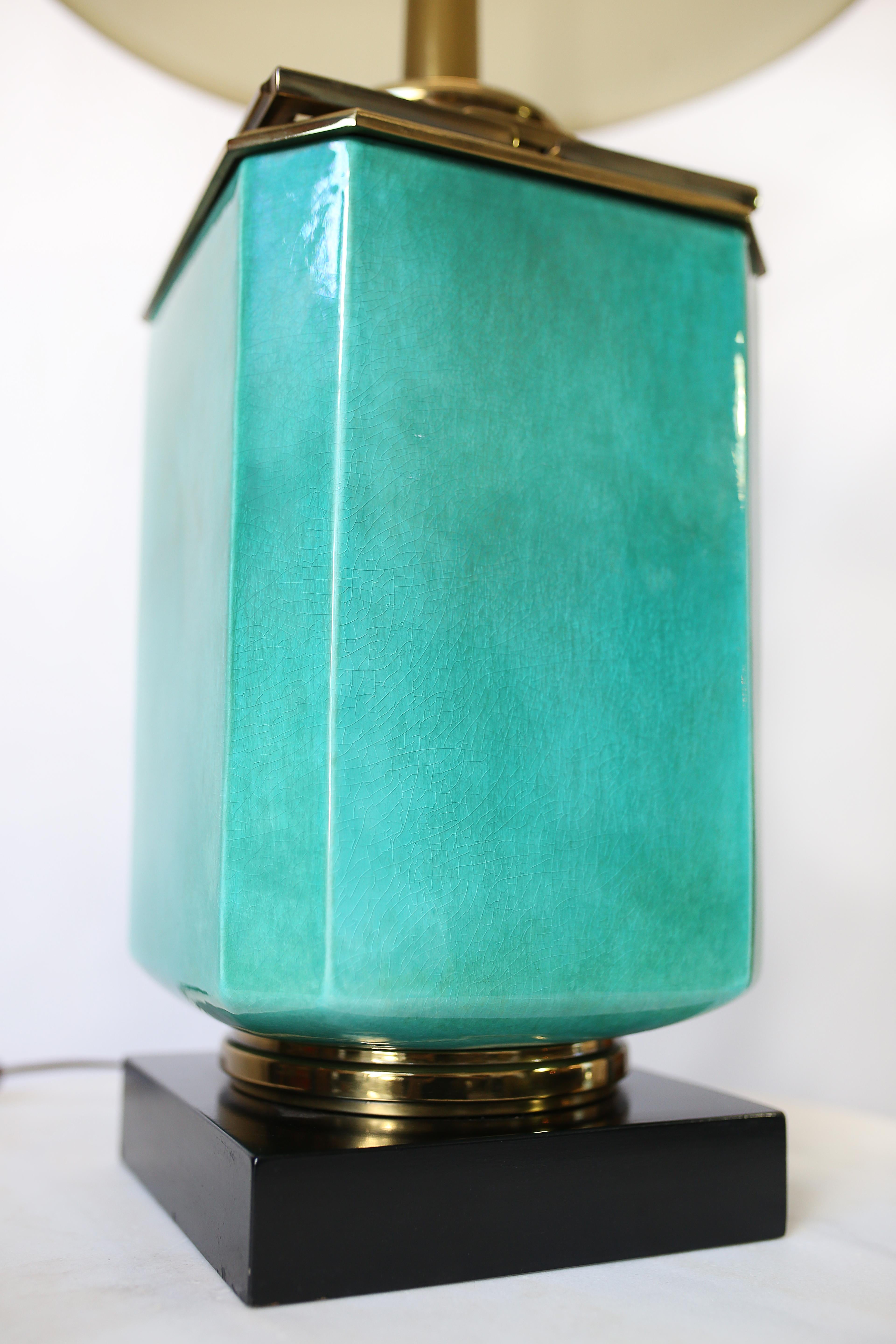 Mid-Century Modern Vintage 1950s Large Turquoise and Brass Table Lamp by Edwin Cole for Stiffel