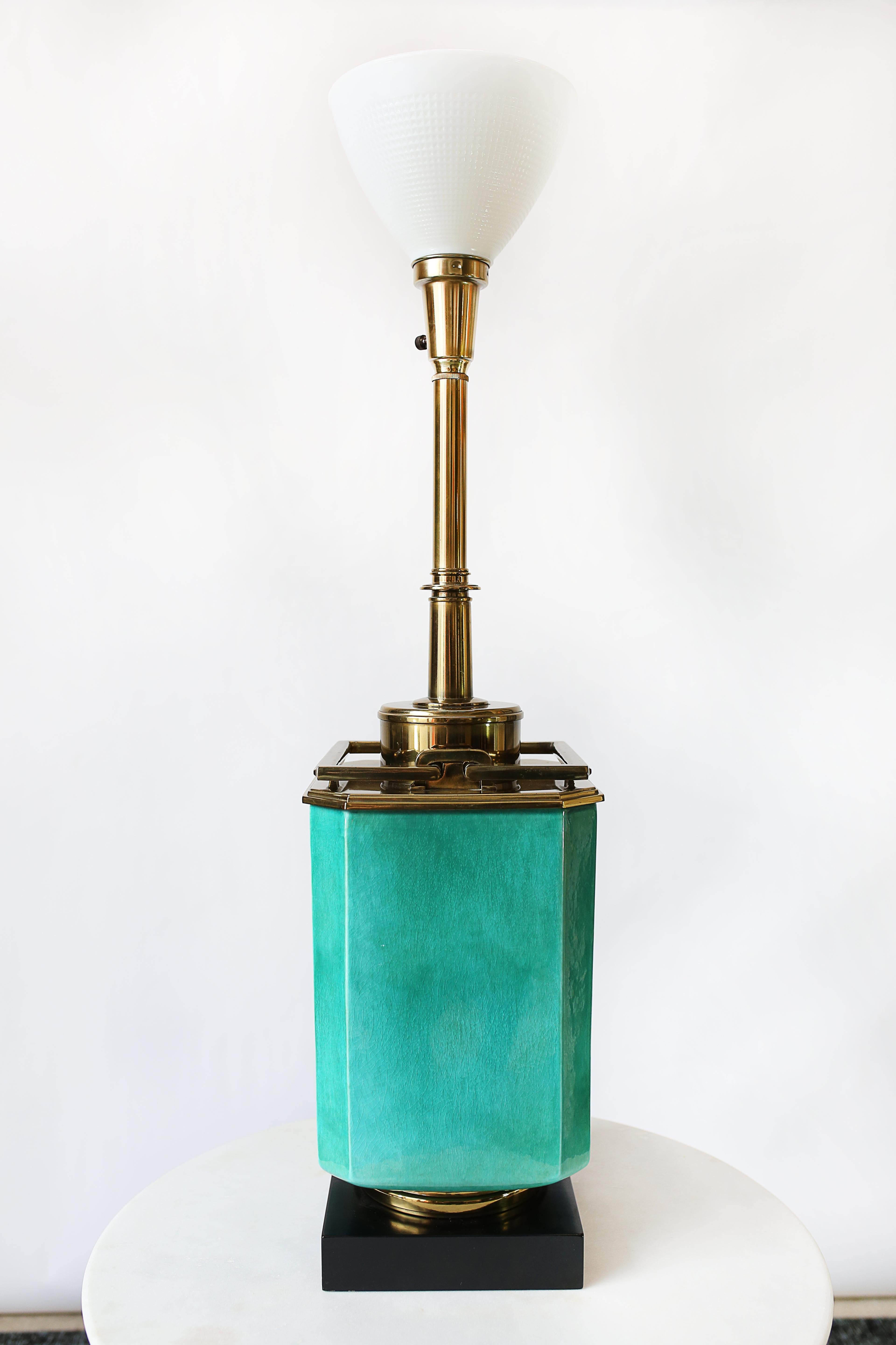 North American Vintage 1950s Large Turquoise and Brass Table Lamp by Edwin Cole for Stiffel