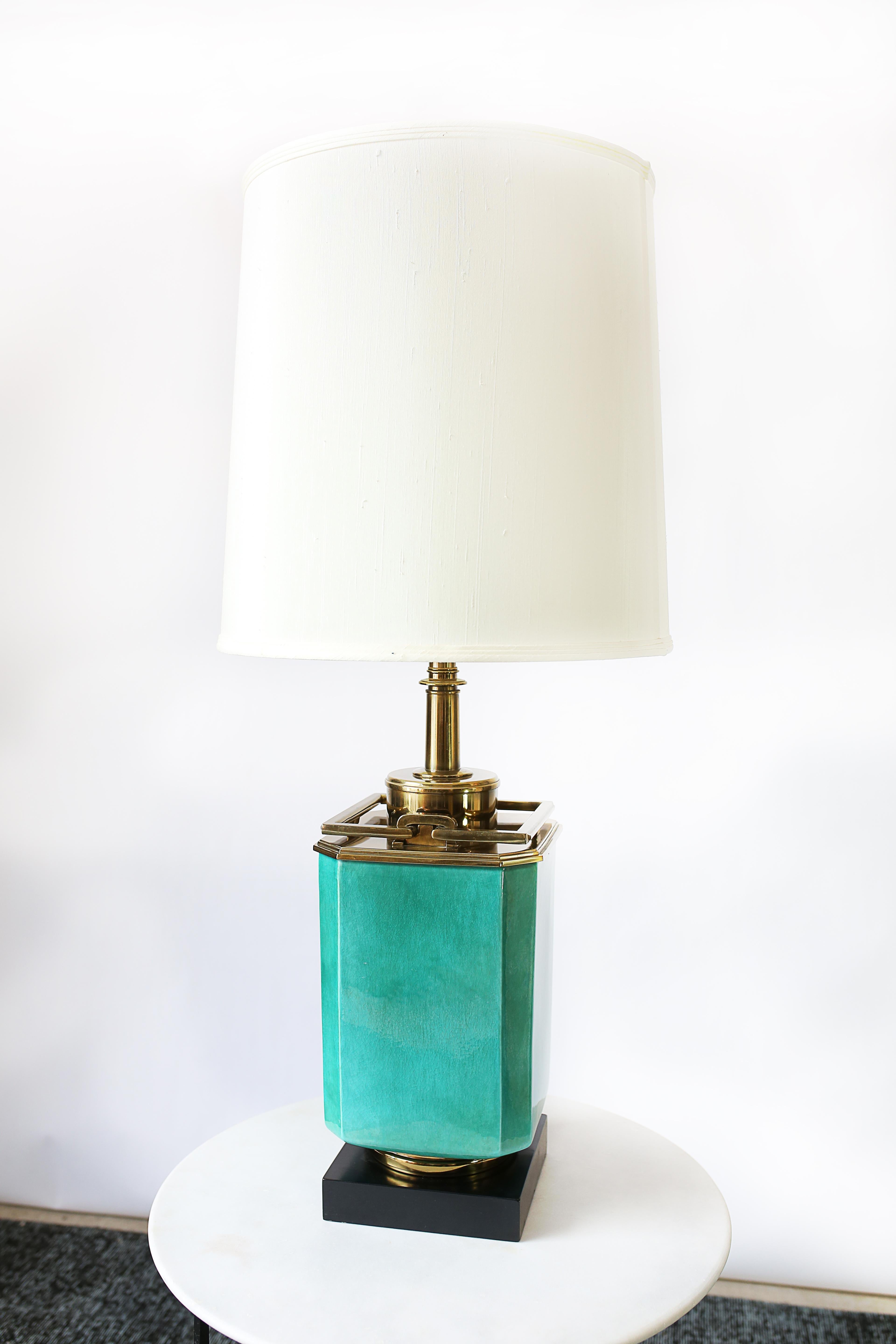 Vintage 1950s Large Turquoise and Brass Table Lamp by Edwin Cole for Stiffel In Good Condition In San Antonio, TX