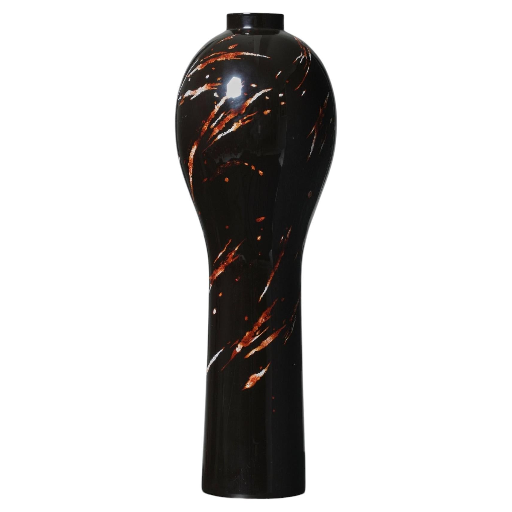 Tall Eggshell and Abalone Marquetry Plume Vase in Persimmon (Kakishibu) Lacquer For Sale