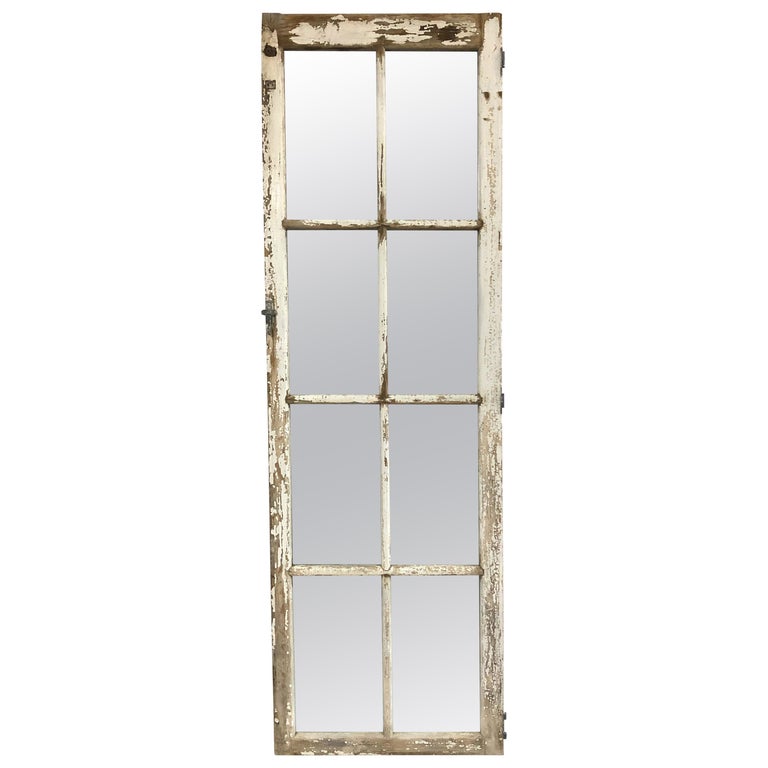 Tall Eight Lite Window Framed Mirror with Chippy Paint, circa 1920 For Sale