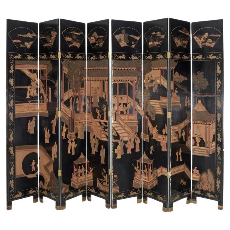 Tall Eight Panel Lacquered Coromandel Chinese Screen For Sale