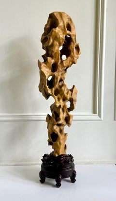 Tall Elegant Chinese Scholar Rock Yellow Taihu Stone on Wood Stand