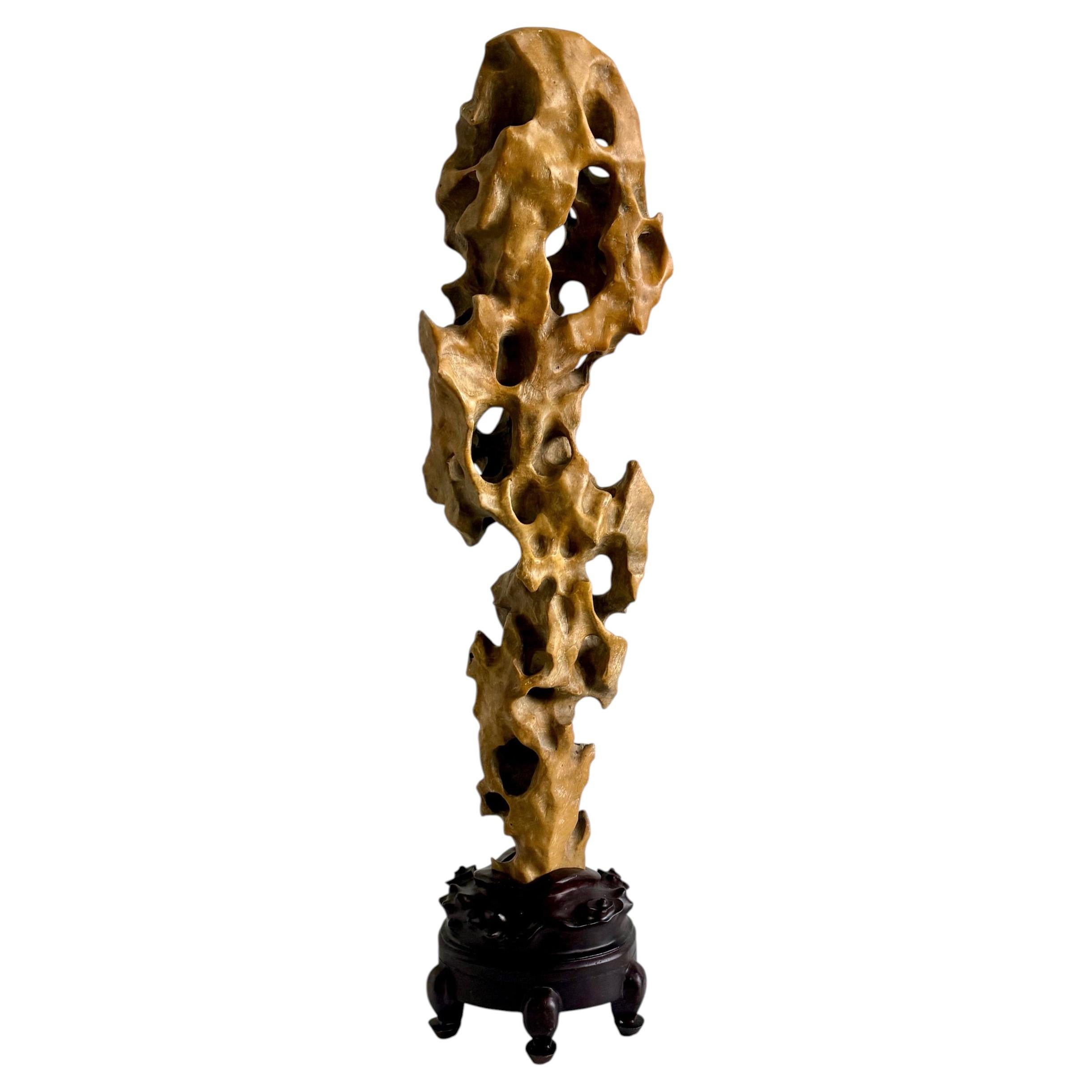 Tall Elegant Chinese Scholar Rock Yellow Taihu Stone on Wood Stand