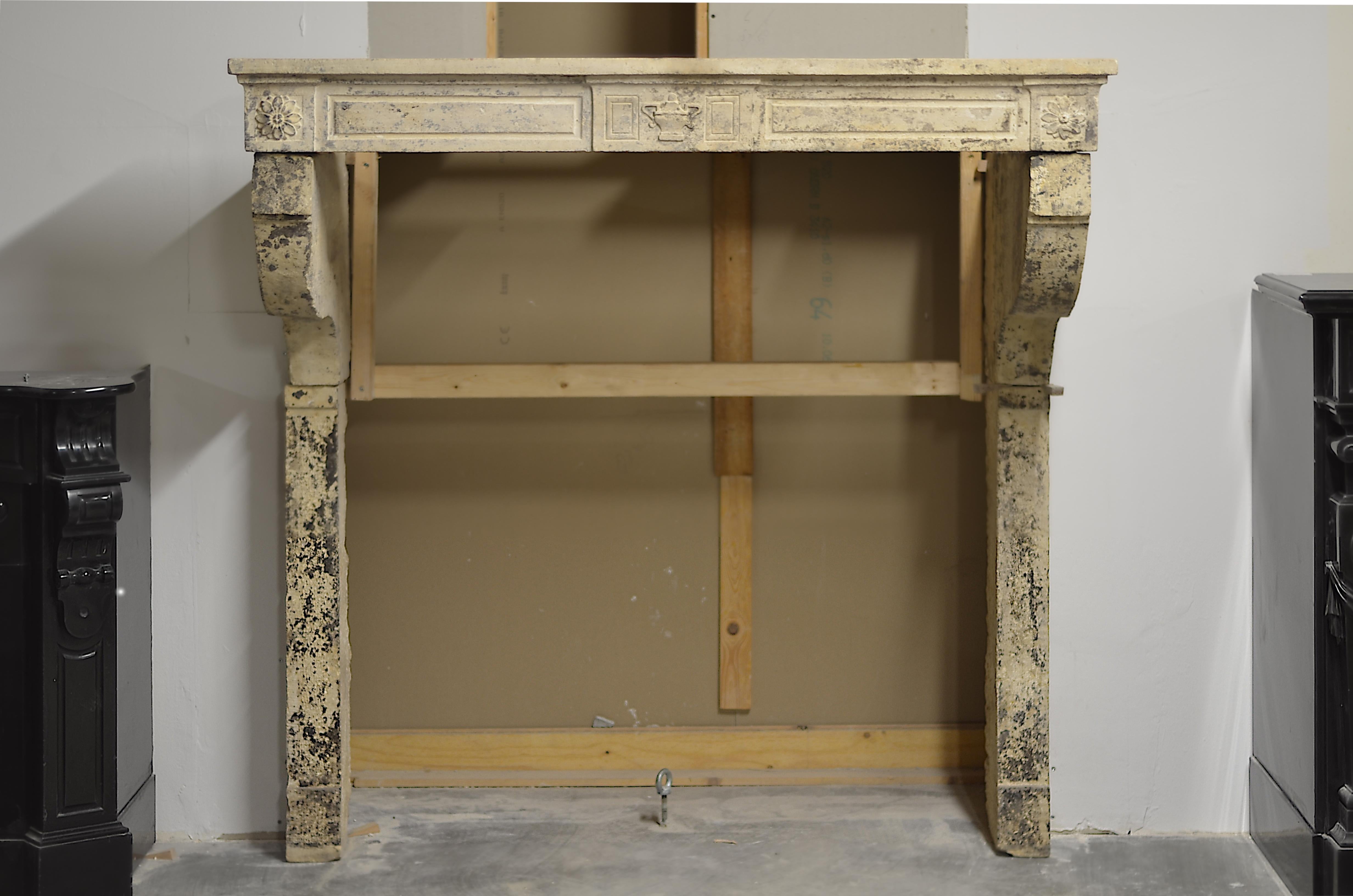Tall, elegant Louis XVI fireplace mantel.

This lovely mantelpiece wears its patina with grace, the leftover paint, missing chips and minor dings all add to it.
Perfect to be build in to the wall of a pool house or garden room.
Great proportions