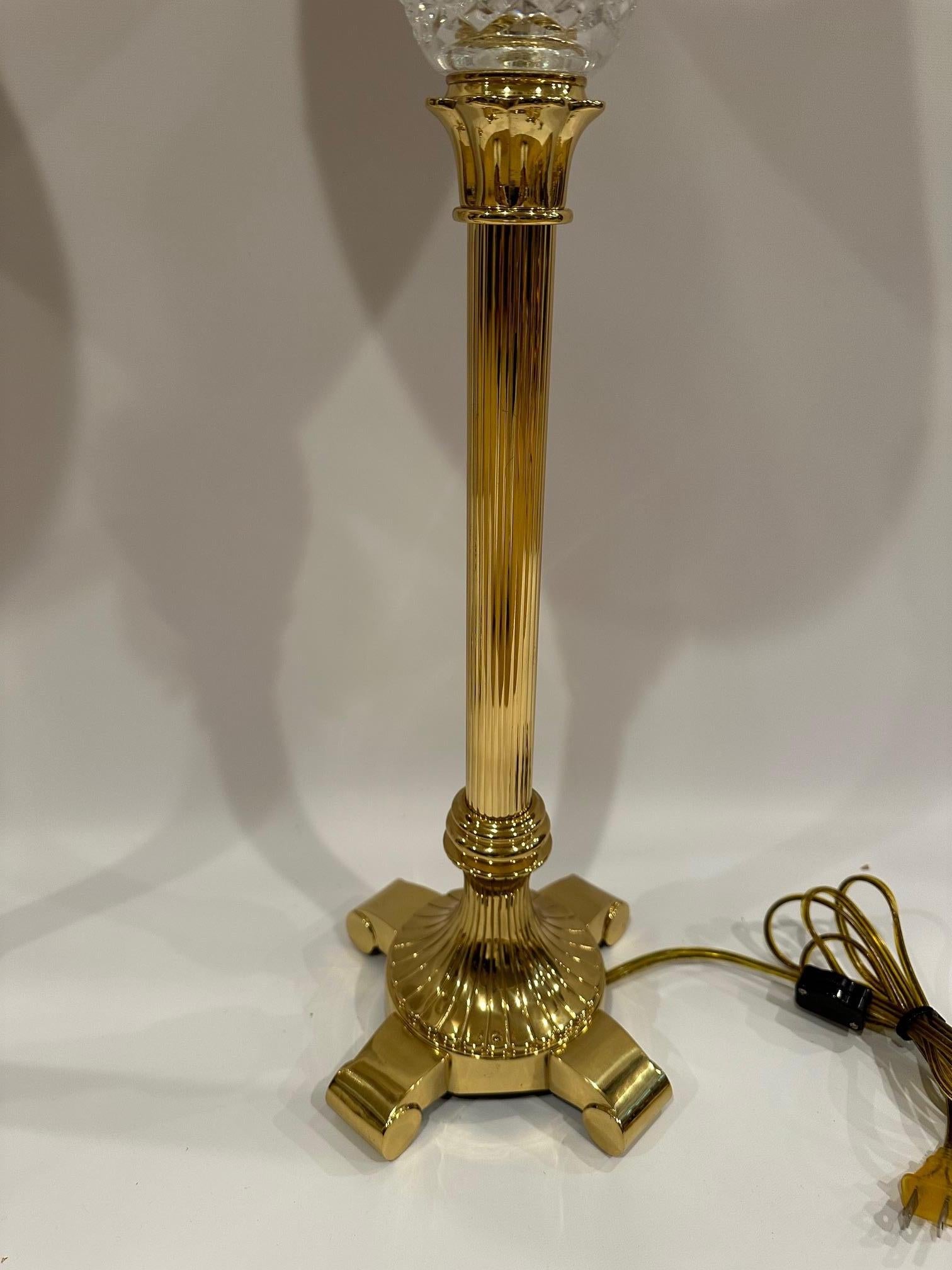 Pair of Waterford crystal & brass buffet table lamps having pineapple motif.

35” H x Base 7” Square
Shade 9” H x 10” Diameter