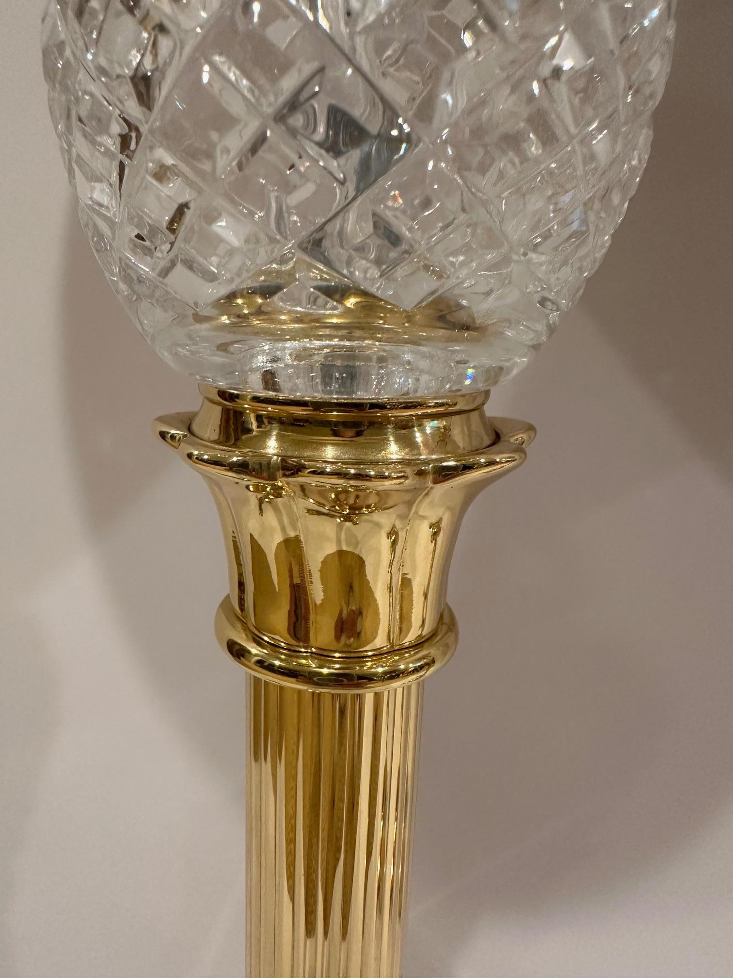 American Tall Elegant Pair of Waterford Crystal and Brass Pineapple Motif Buffet Lamps