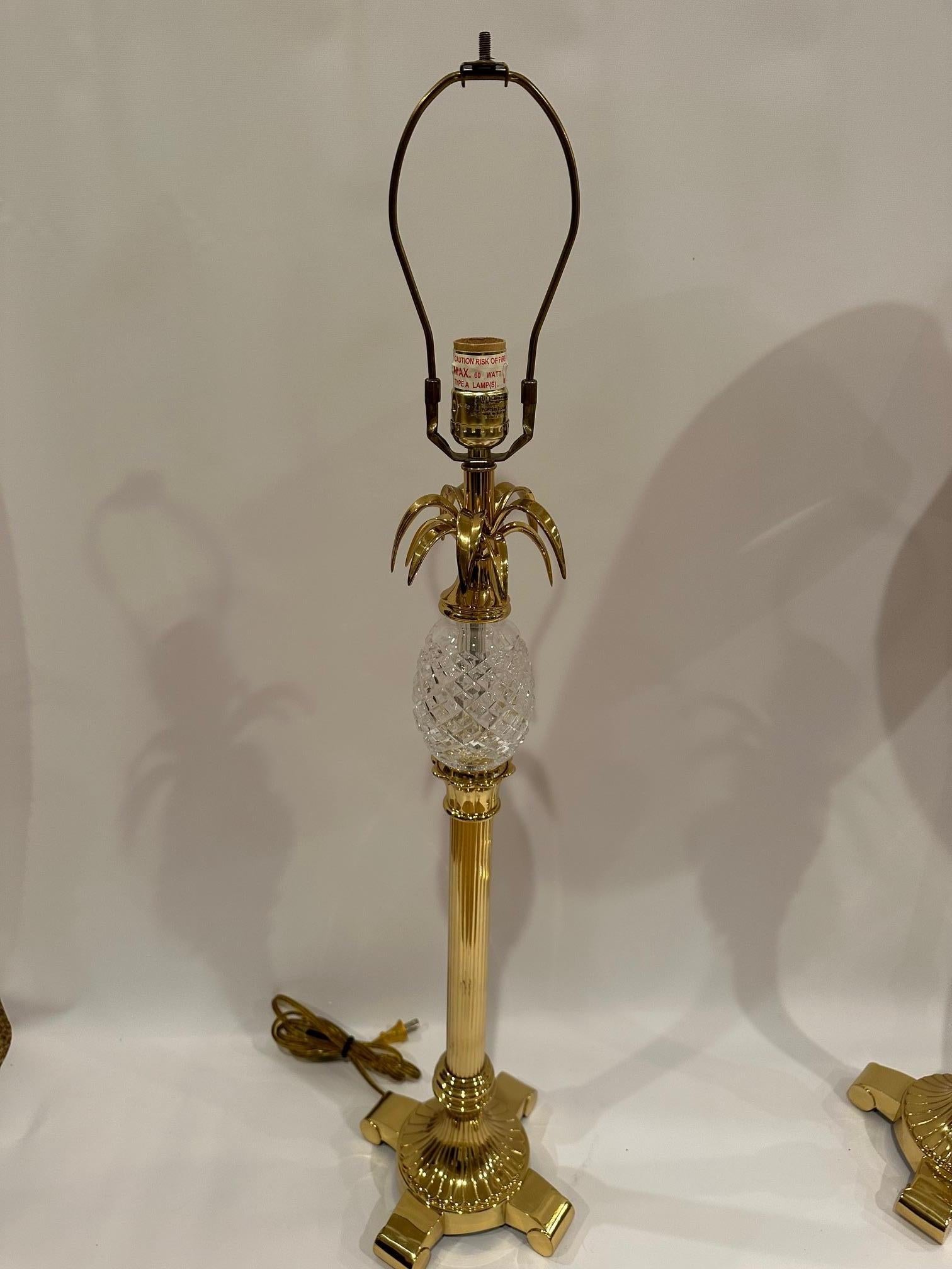 Tall Elegant Pair of Waterford Crystal and Brass Pineapple Motif Buffet Lamps 1