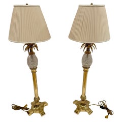 Tall Elegant Pair of Waterford Crystal and Brass Pineapple Motif Buffet Lamps