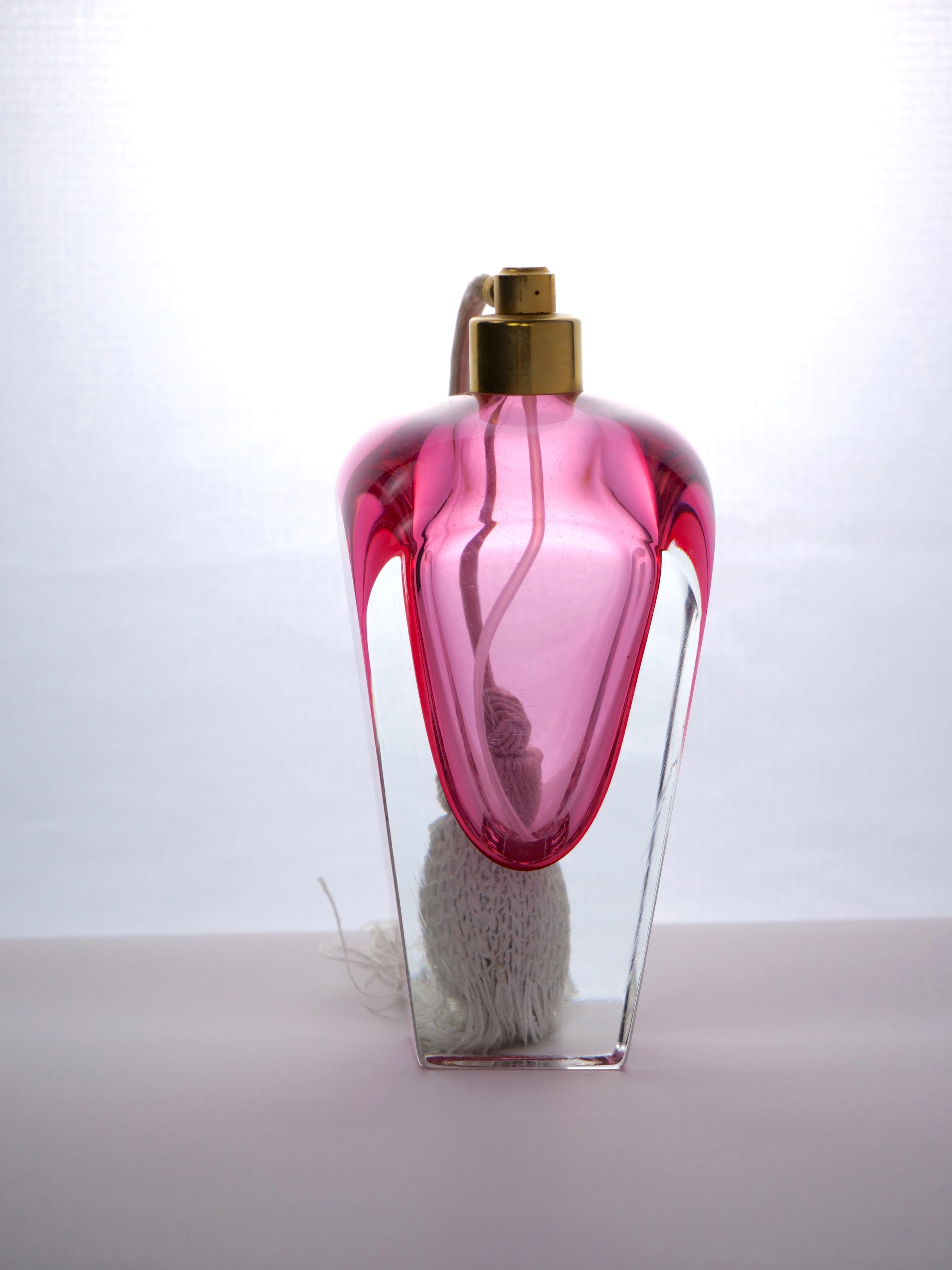 Italian Tall & Elegant Pink Heavy Cut Crystal Venetian Perfume Bottle For Sale