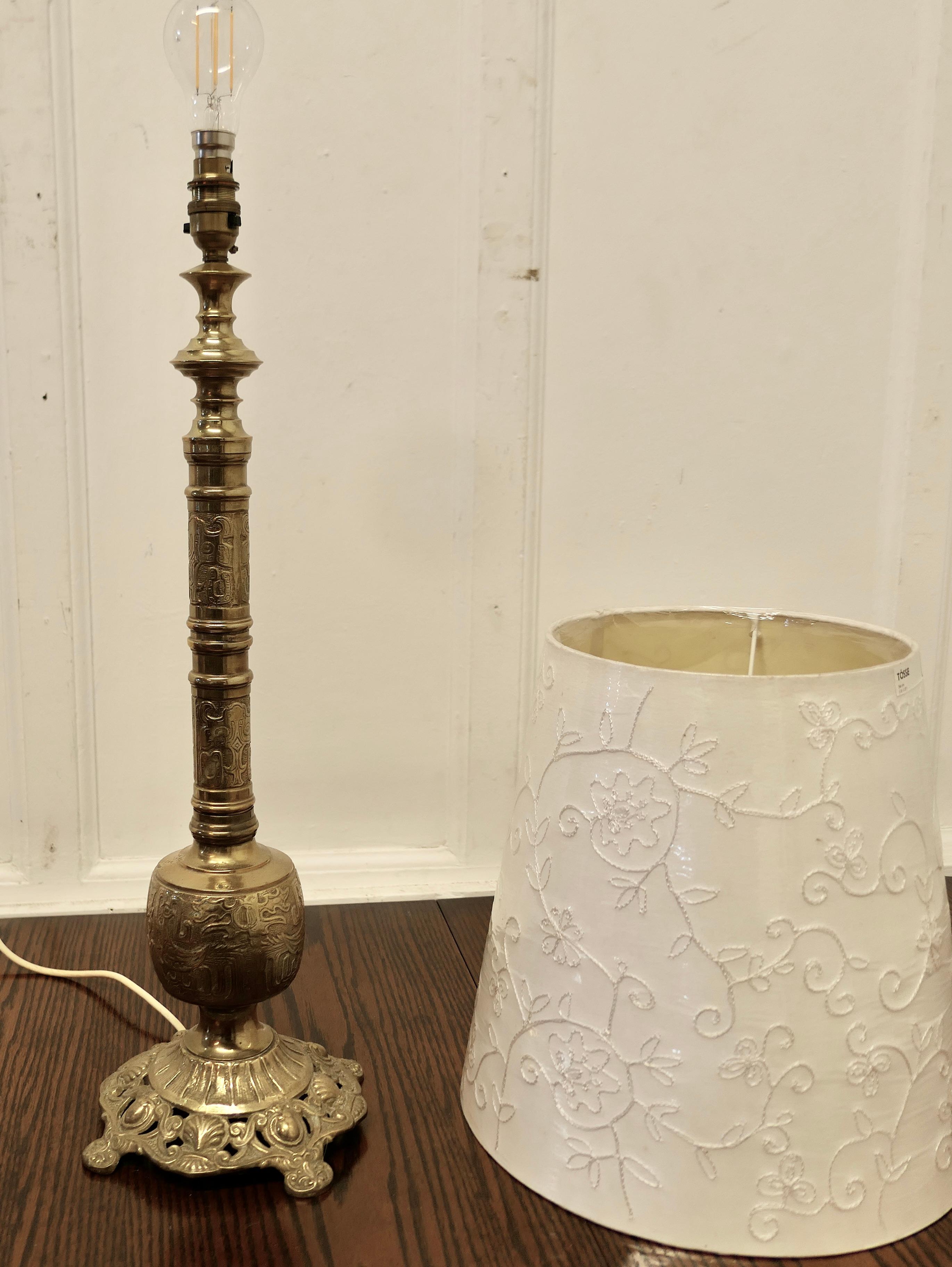 Tall Embossed Brass Table Lamp For Sale 5